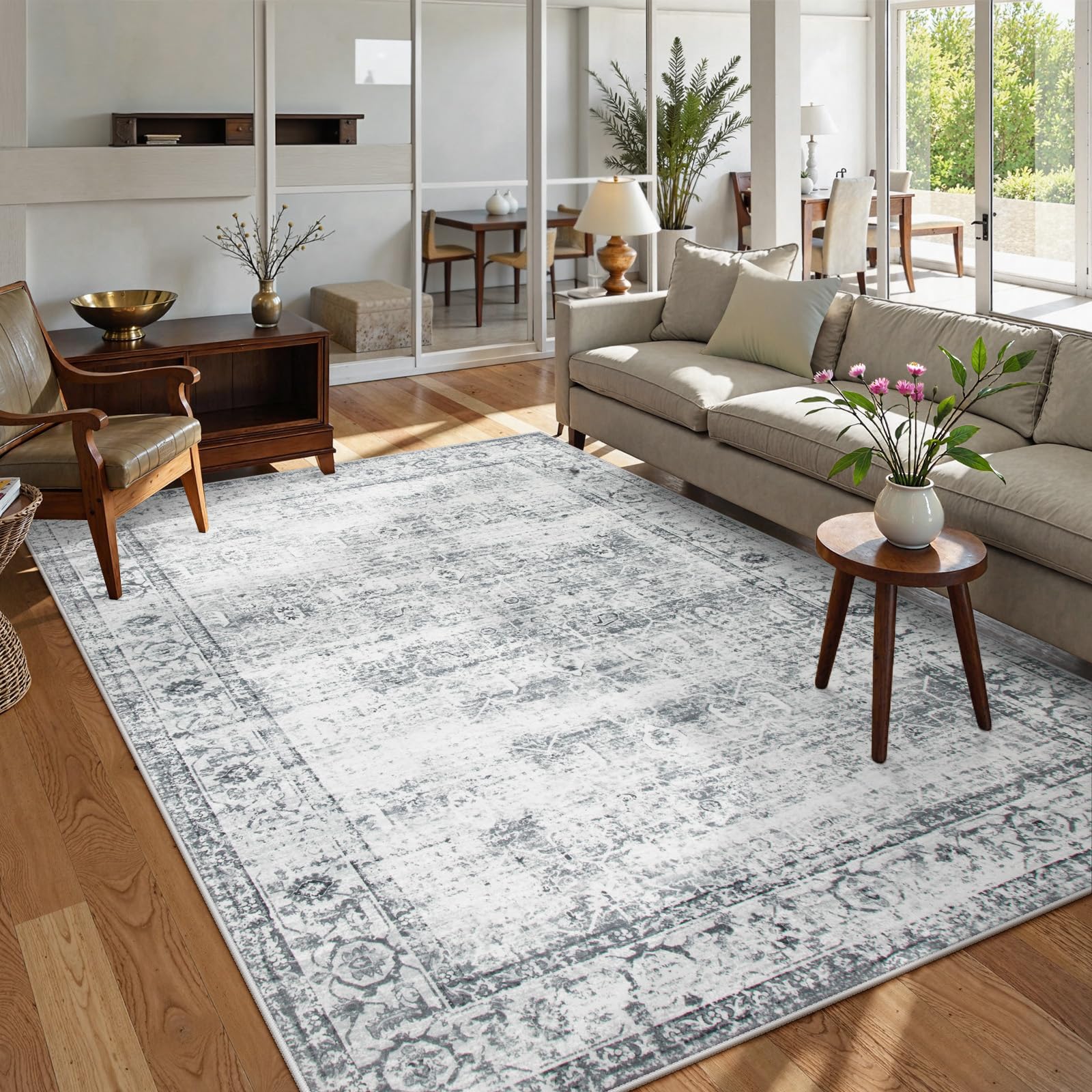Lahome Vintage 5x7 Washable Grey Rugs for Living Room Bedroom, Soft Dining Room Rugs for Under Table, Non Slip Indoor Throw Carpet for Entryway Kitchen Office (5x7ft,Grey)