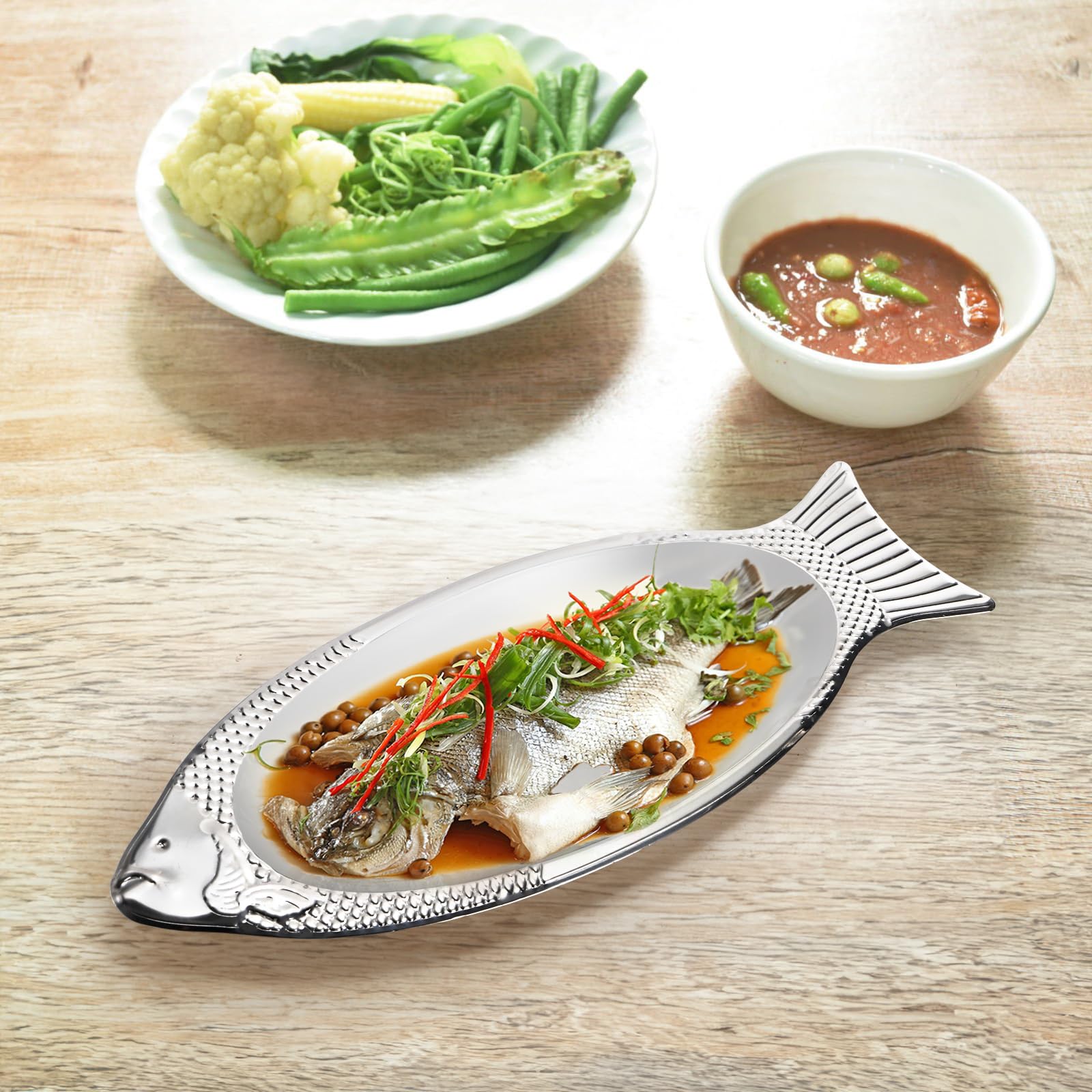 Paquete de 6 platos para servir pescado, plato de pescado de acero inoxidable, plato grande para chisporrotear, bandeja de metal para servir alimentos para pescado, carne, aperitivos, postre,