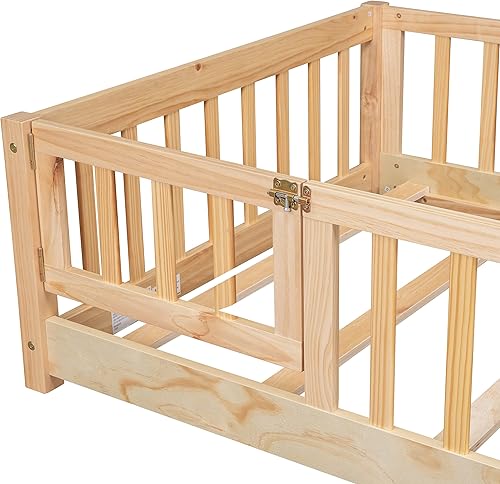 Miniatura 62 de Cama de plataforma de suelo de tamaño individual con valla, cama de madera para niños, cama de cerca para niños con puerta, no necesita somier