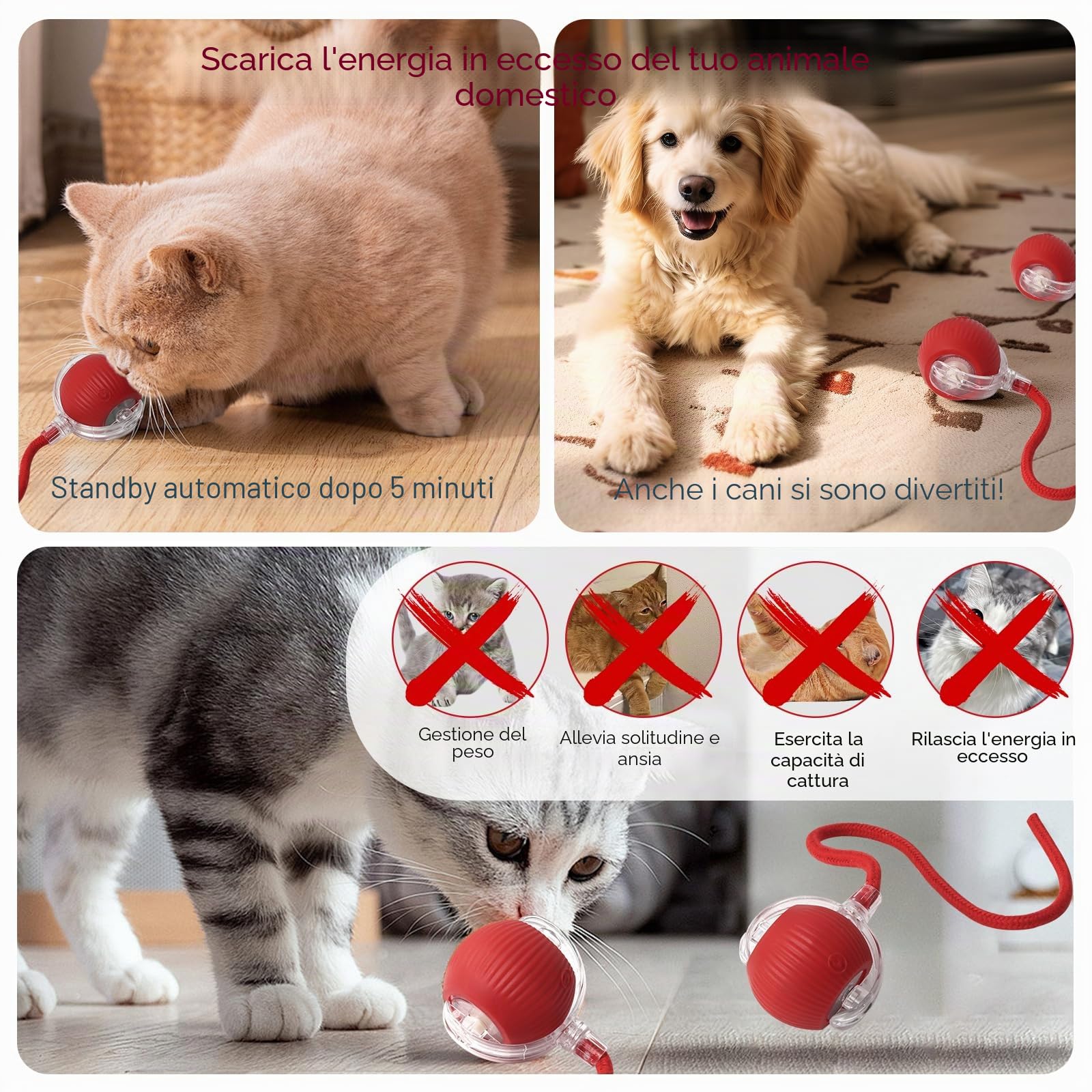 Palla Interattiva per Cani, Palla Elettrica Giocattolo Rotolante Automatica Intelligente per Gatti, Pallina Ricaricabile per Cani che si muove da sola, Interactive Cat Ball con 3 Modalità