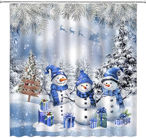 Cortina de ducha con diseño de muñeco de nieve de Navidad, invierno, bosque de pinos, lindo muñeco de nieve azul, juego de cortina de baño con