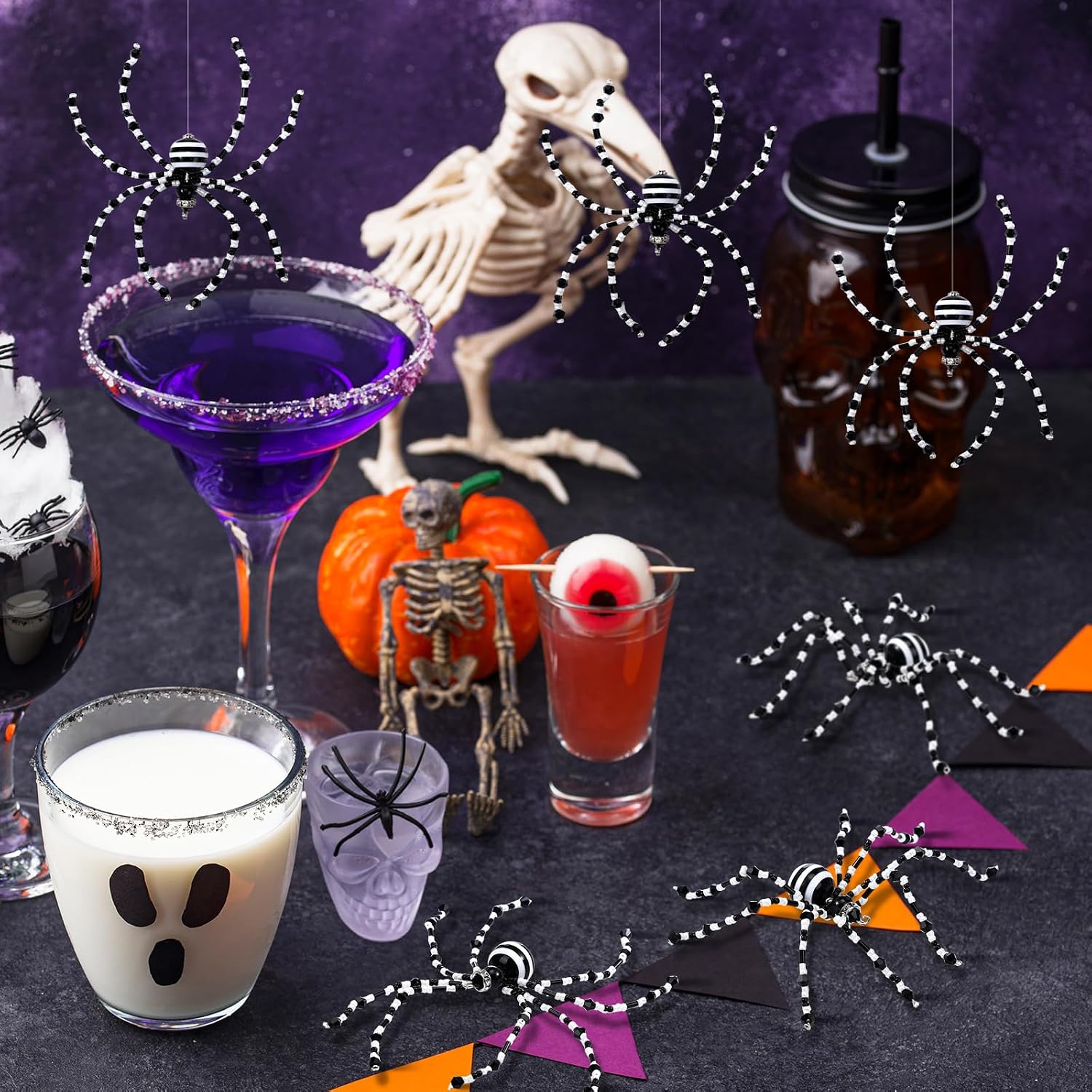 Reallnaive 8 Pcs Black and White Spider Halloween Hanging Beaded Ornament