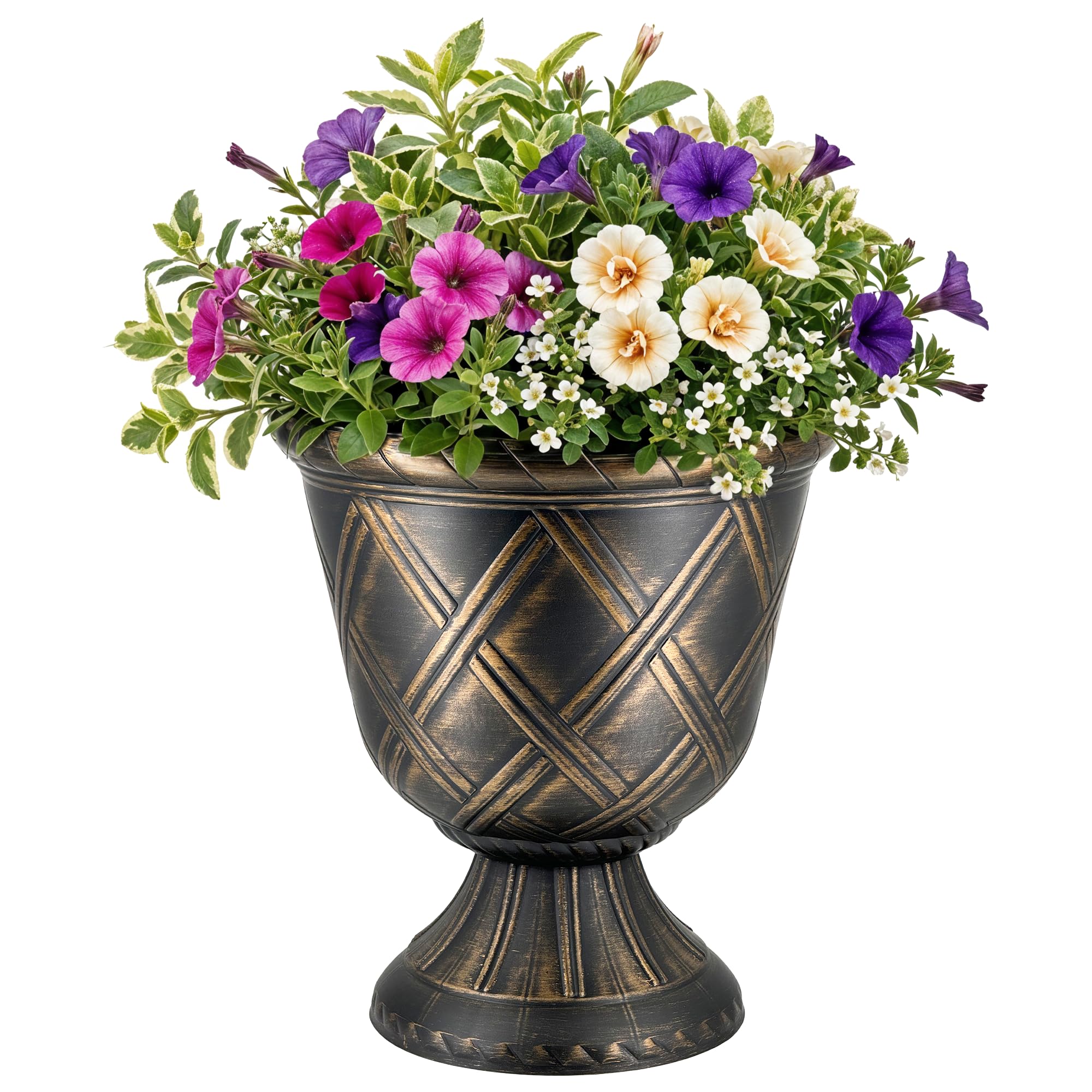 SG Traders Large Urn Plant Pot Stand, Flower Pots Outdoor Garden Planters, Indoor Plant Pot, Tall Planter with Drainage Holes Strong Plastic Black with Gold Outdoor Large Planters Urns D43 x H49cm