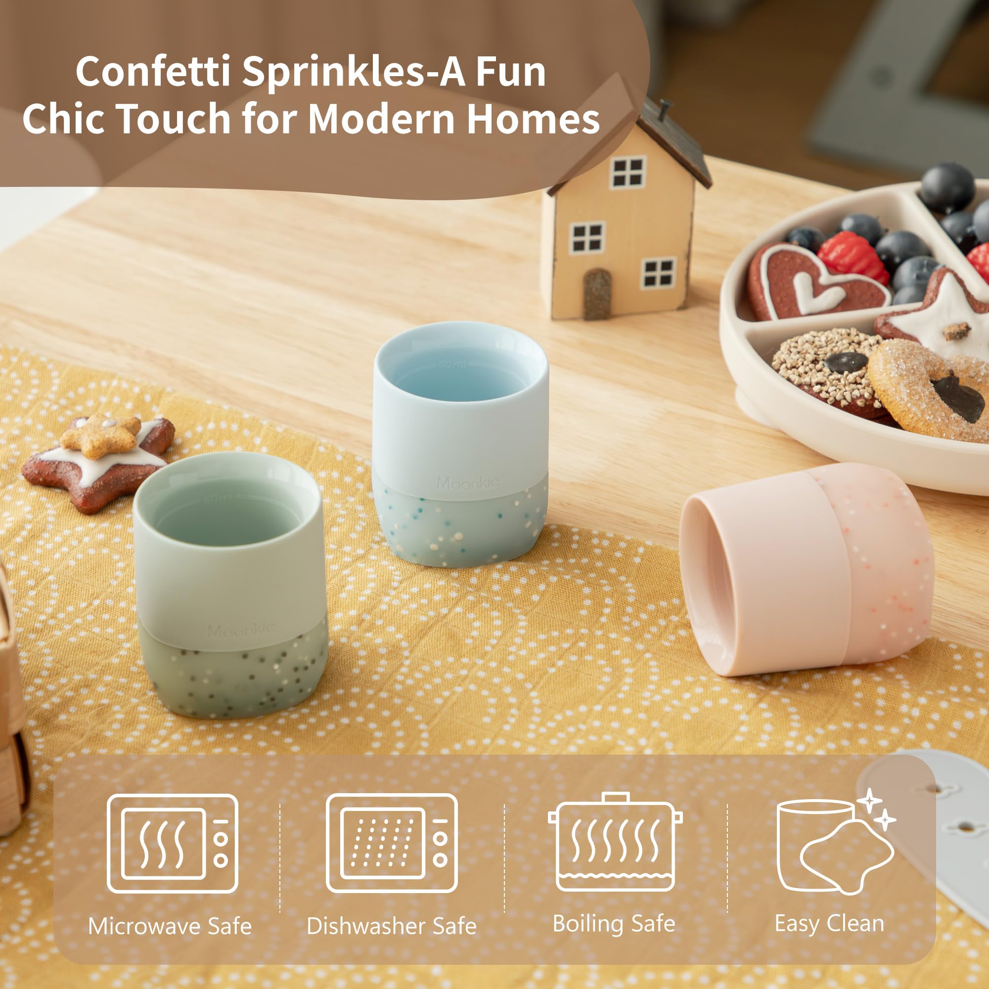 Moonkie Verre Bebe 60ml, Lot de 2 Gobelets en Silicone avec Base Lestée, Tasse Bebe Ouverte pour 4 Mois+, Sans BPA, Compatible Lave-Vaisselle & Micro-ondes(Éther/Menthe)