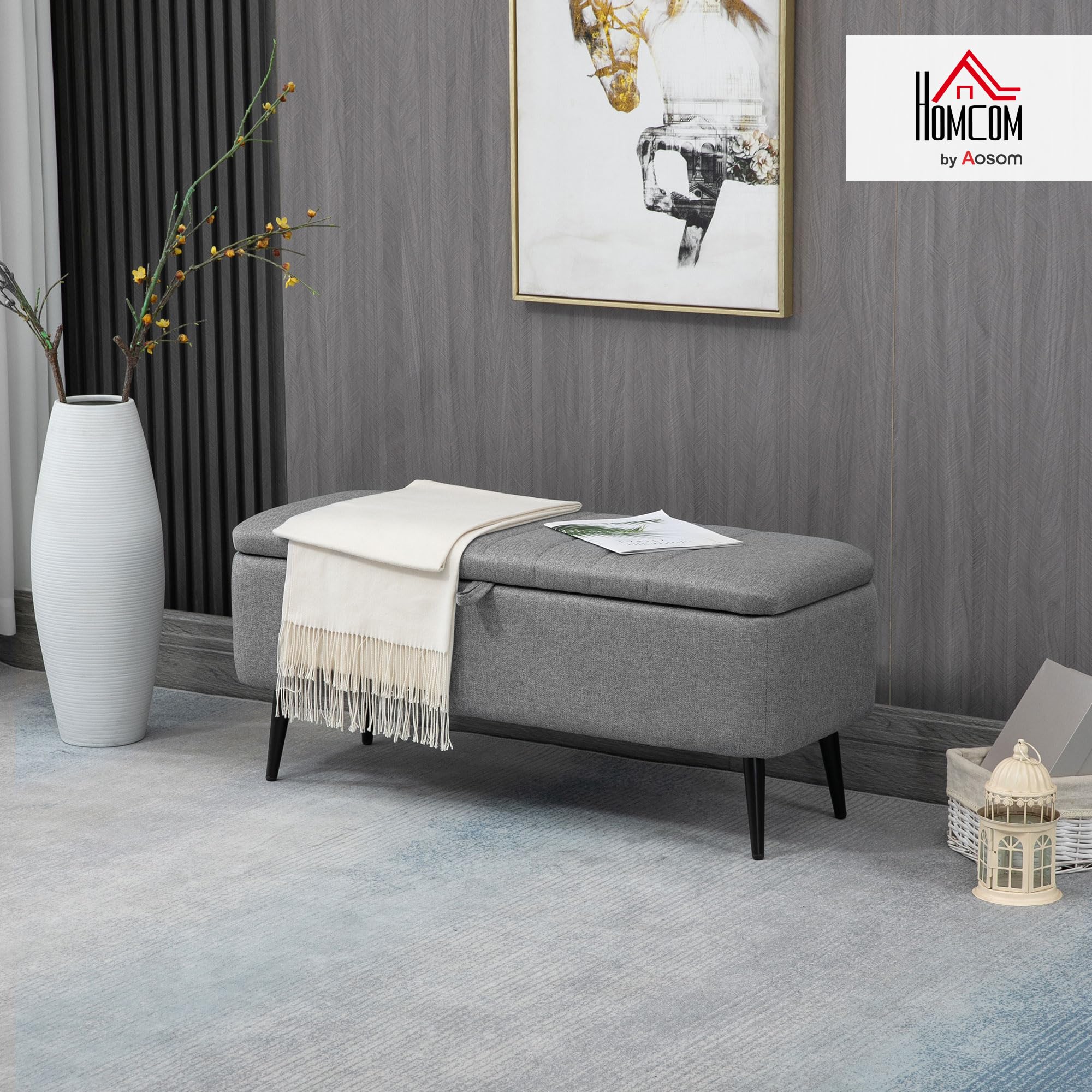 HOMCOM Sitzbank mit Stauraum mit Leinenoptik 102 x 40 x 44 cm, Grau | Polsterbank, Truhenbank mit Stahlbeinen, Sitztruhe, für Wohnzimmer Schlafzimmer Flur