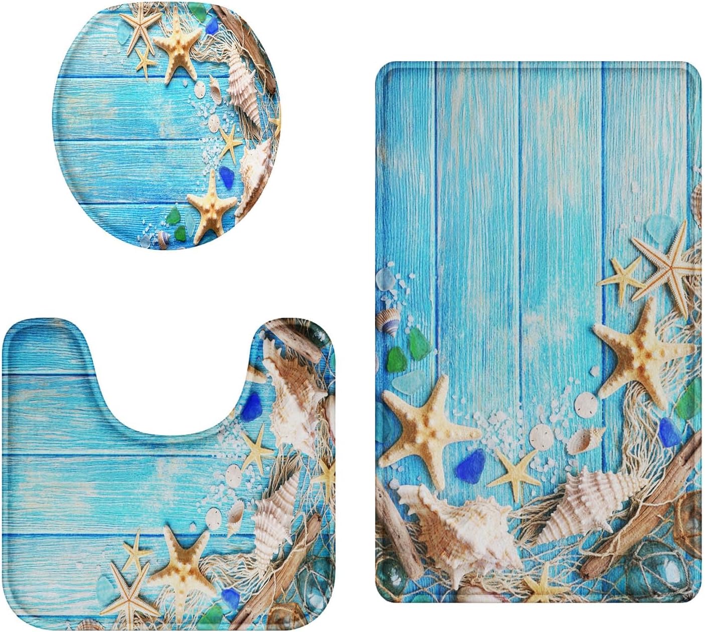 Britimes Blue Turtle Bathroom Rug Set of 3, 3 Pieces Bath Mats Set, Ocean Nautical Starfish Washable Cover Floor Rug Decorations for Kitchen Bathroom Bedroom