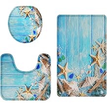 Bathroom Rug Set of 3, Small Bath Mats, Coastal Beach Sea | Nautical Seashell 3 Pieces No Silp Washable Cover Floor Rug Decorations for Kitchen Bathroom