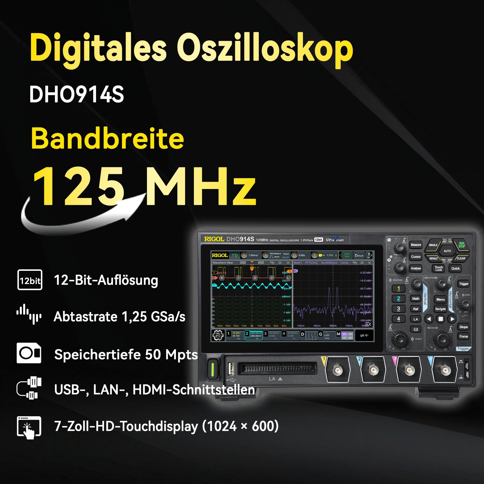 RIGOL DHO914S Oszilloskop mit Signalgenerator, 125MHz, 1.25GSa/s, 4-Kanal