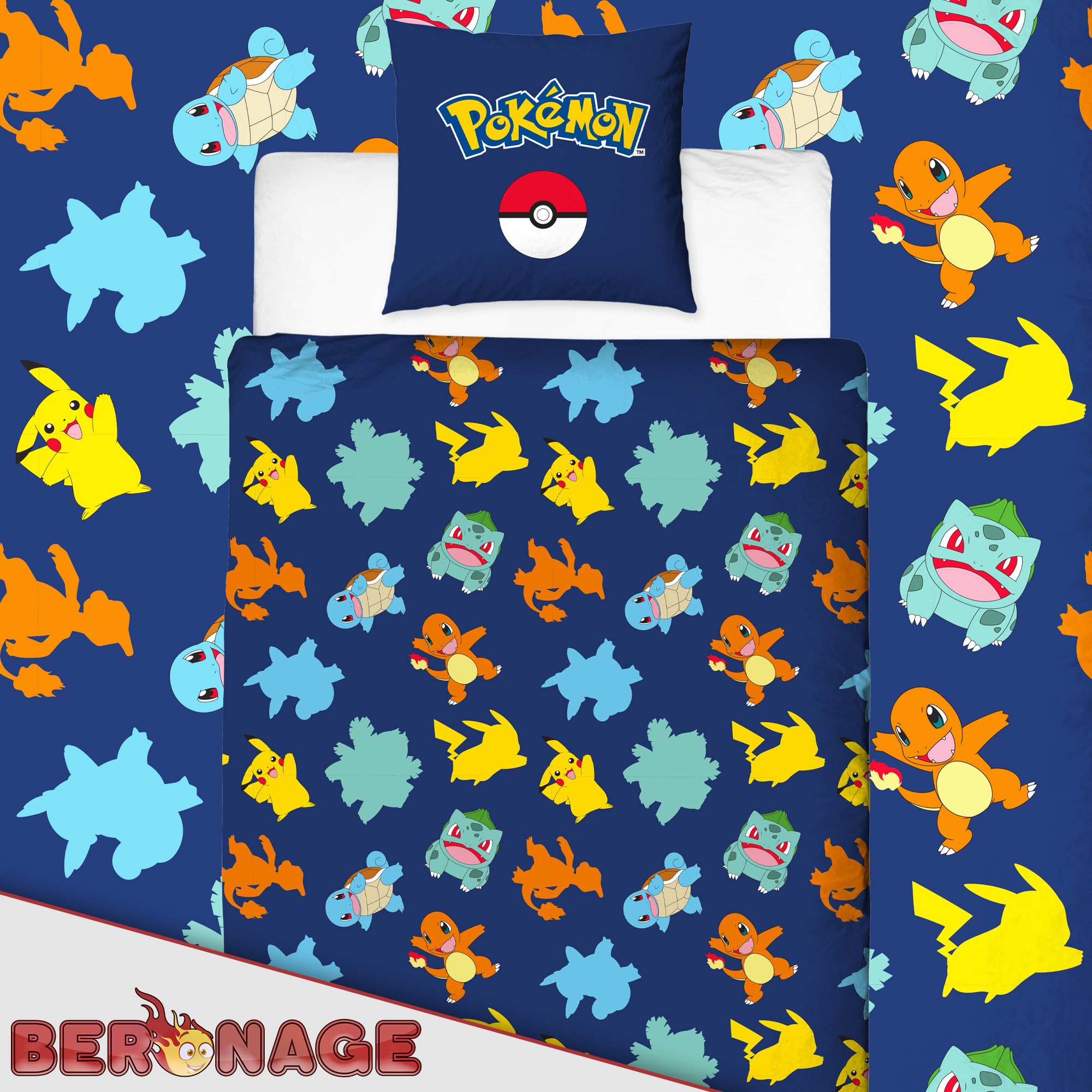 Pokemon Kinder Wende-Bettwäsche Pikachu Glurak Bisaflor Turtok 135x200 cm + 80x80 cm 100% Baumwolle Renforcé-Linon Pokémon Kanto Starter Nintendo Anime Gaming Deutsche Größe