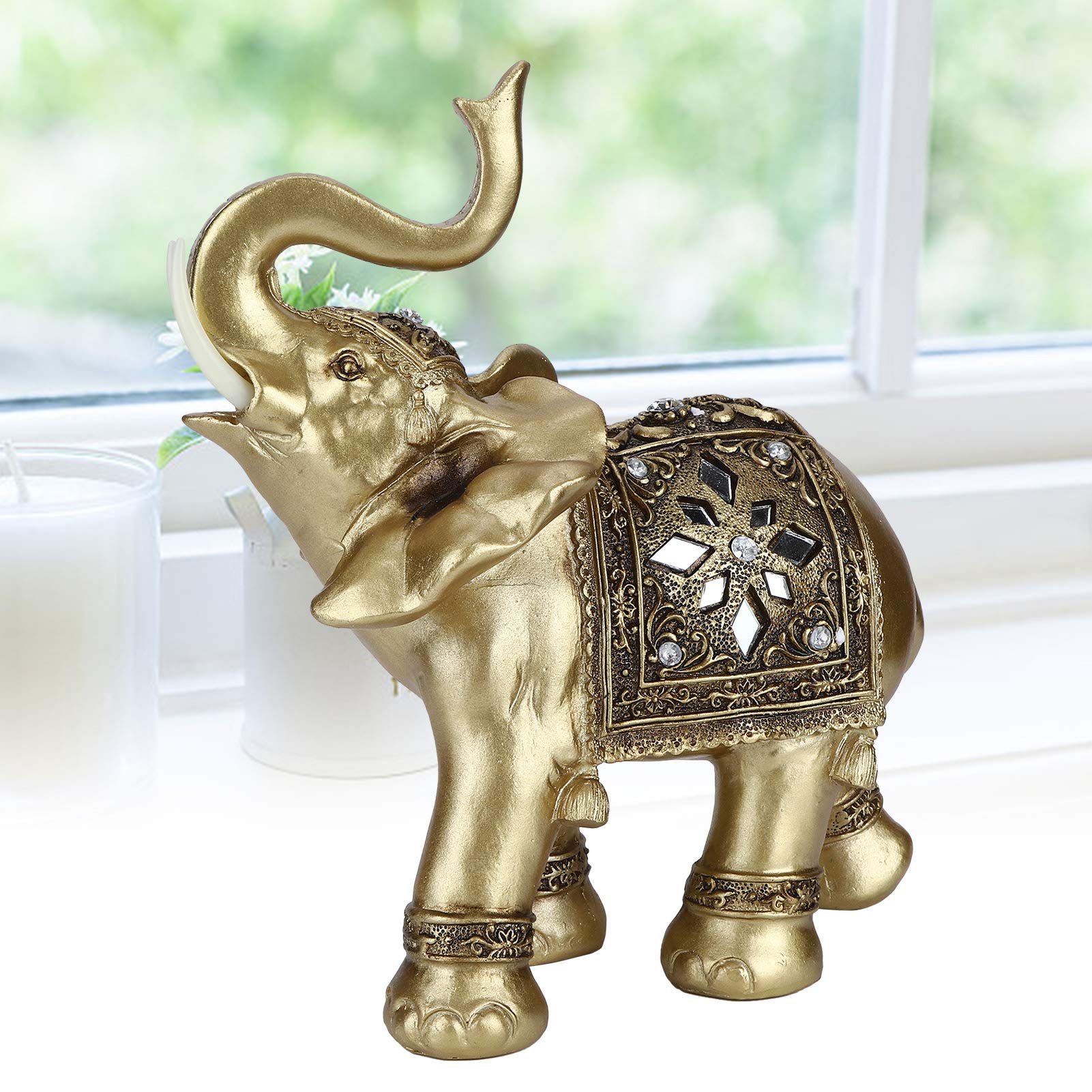 Statuetta con Statua di Elefante Dorato, Decorazione Elegante, Regalo per Casa e Ufficio, 28,5x24x10 Cm, Portafortuna in Resina