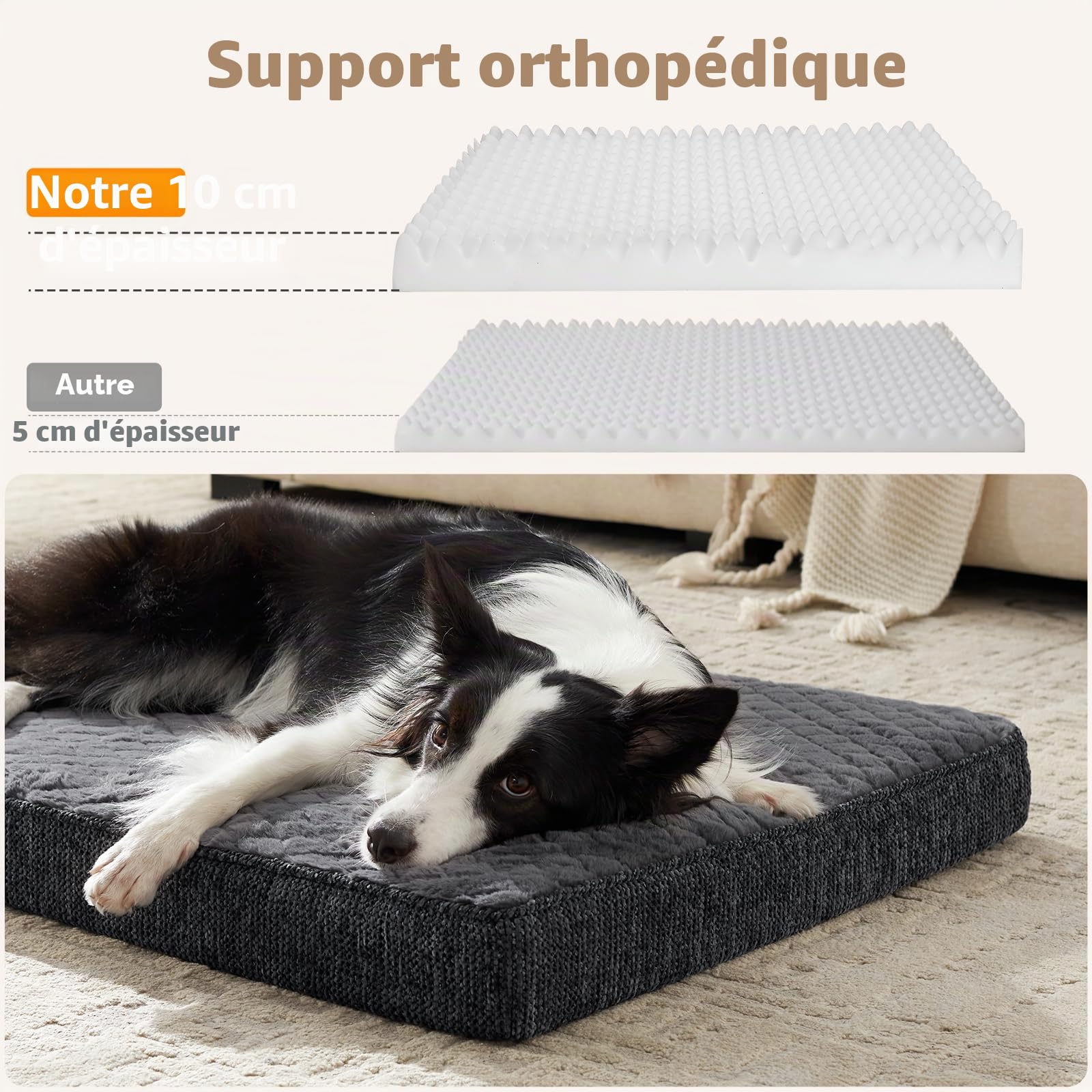 JOEJOY Panier Chien Grande Taille Orthopedique XXL, Coussin Chien Lavable en Machine, Tissu Peluche Doux, Base antidérapante, Tapist Chien Matelas Lit Anti-Stress, 119x74x10cm, Gris