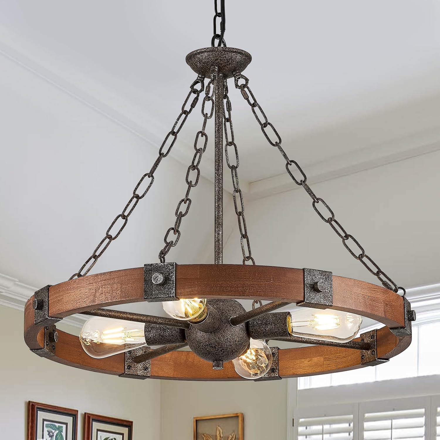 Farmhouse Wagon Wheel Chandelier 23.6" Walnut Rustic Chandeliers 4-Light Wood Round Pendant Light Fixture for Dining Room Kitchen Entryway Foyer