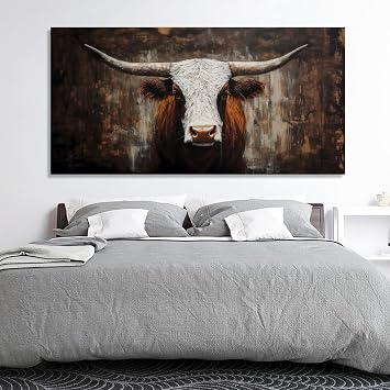 Longhorns Canvas Wall Art, Brown and White Longhorn Canvas Wall Art, Cow Pictures Decor, Bull Print Decor, Animal Painting, Rustic Western Extra Large Farmhouse for Living Room, Bedroom, Office 57"x28"