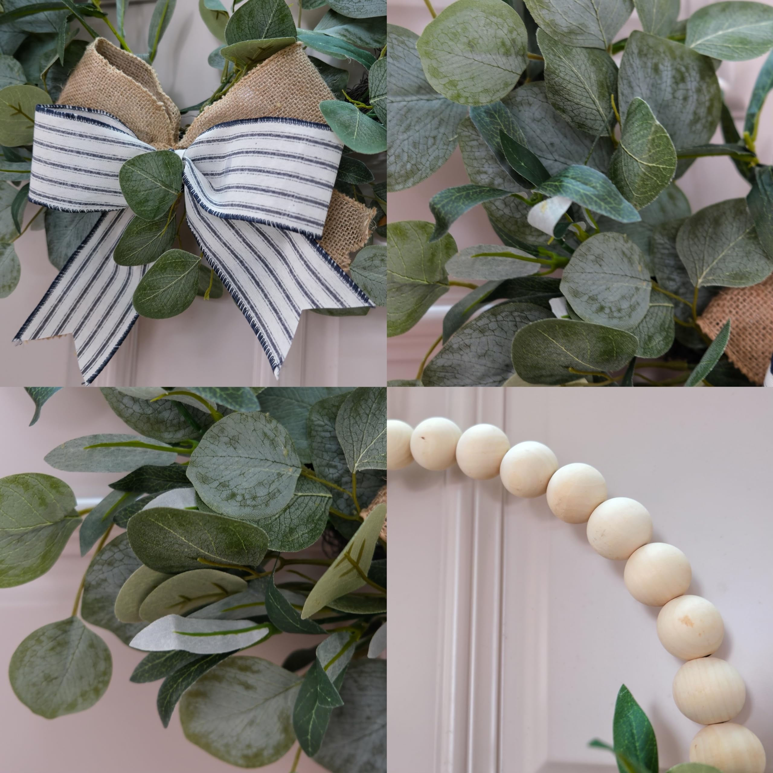 Ghirlanda artificiale di eucalipto verde e perline di legno con fiocco per porta d'ingresso, ghirlanda bohémien verde con perline per primavera estate tutto l'anno decorazione per la casa per tutte le