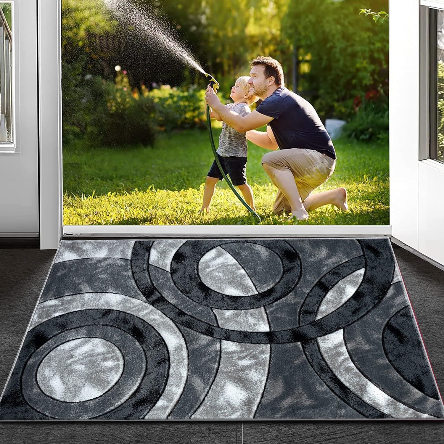 B&BSmall Shaggy Rugs for Living Room Door Mat Super Soft Dense Pile Non Shed Multi Circle Fluffy Kitchen Rugs Non Slip Floor Mat - 50 x 80 cm, Grey