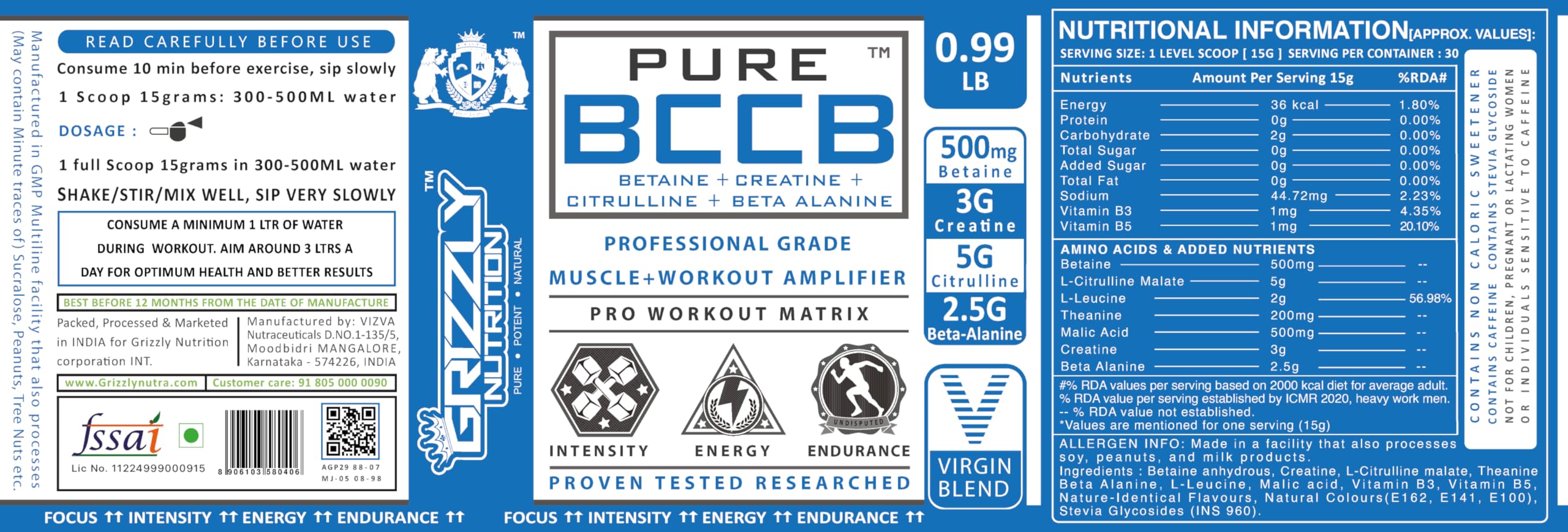 Grizzly Nutrition, Pure BCCB 450g, 30g Energy caffeine pack - Betaine, Creatine, Citrulline, B alanine, researched muscle, strength, endurance, growth formula, before workout/Intra workout, Watermelon 4