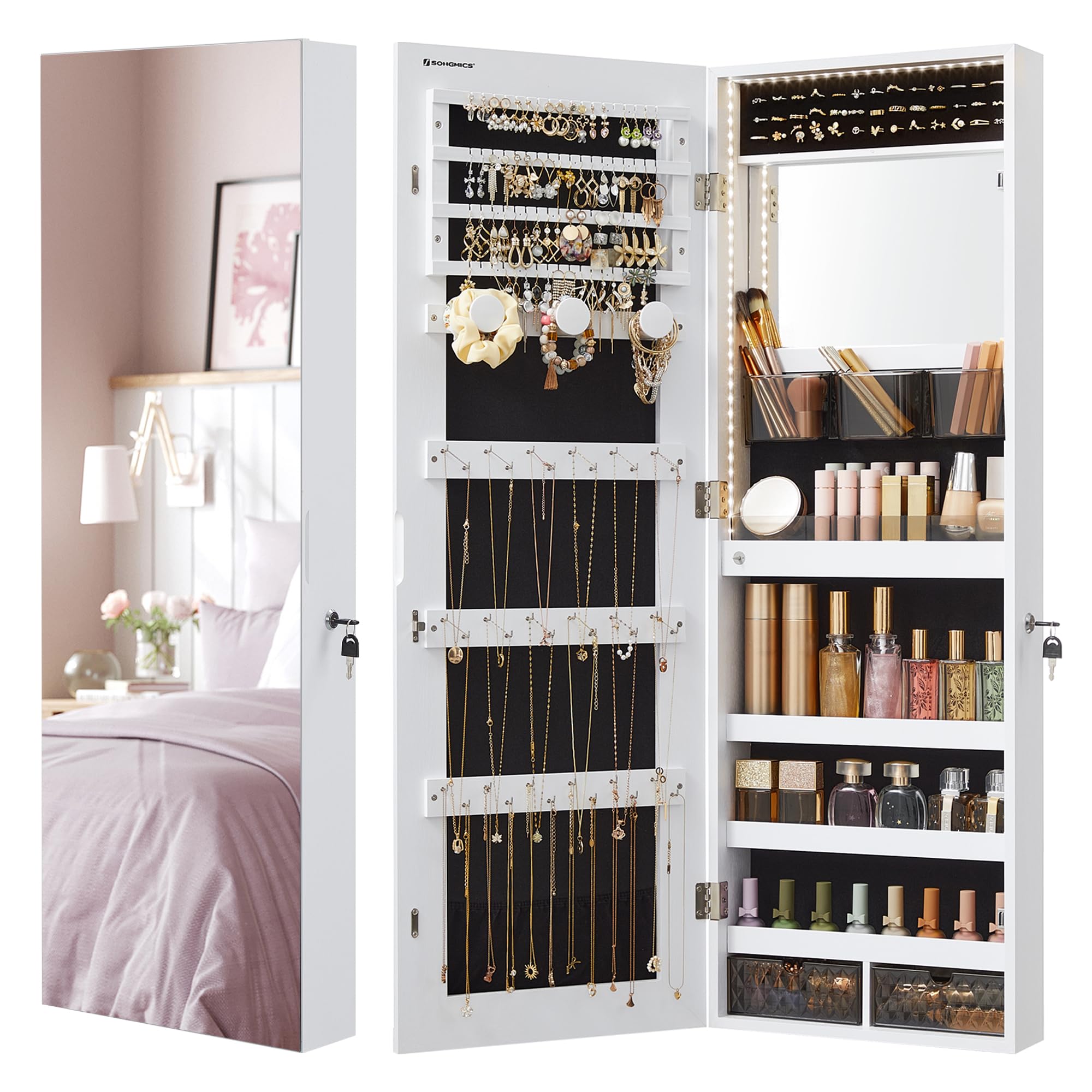 SONGMICS Mirror Jewelry Cabinet Armoire Organizer, Wall or Door Mount Storage Cabinet with Full-Length Frameless Lighted Mirror, Built-in Makeup Mirror, 2 Drawers, Lockable, White UJJC013W01