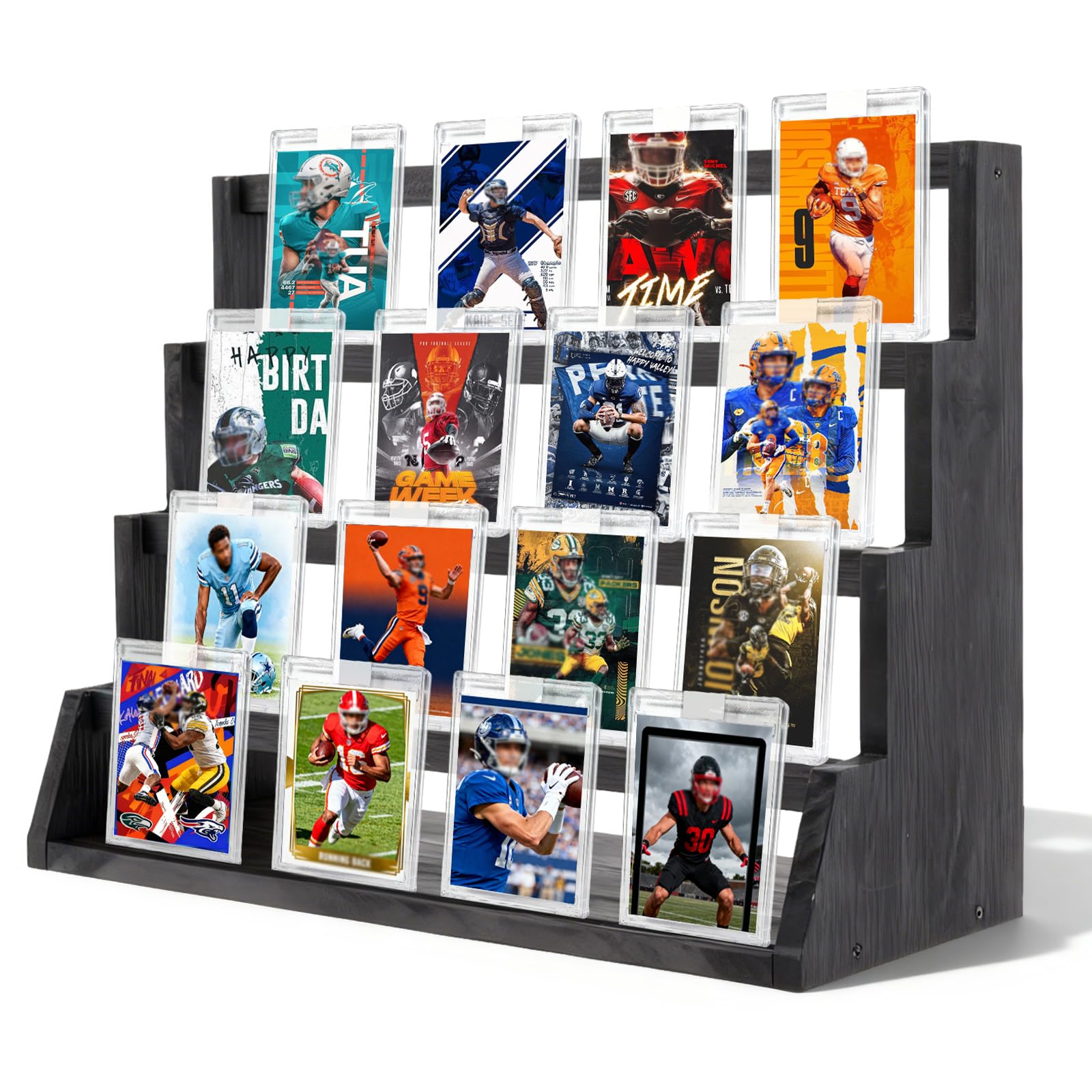Delousiber Trading Card Display Stand, 4 Tier Card Display Stand, Wooden Graded Cards Storage Shelf Rack for Collectible Card Slabs, Toploaders, Postcards and Desk Organisation