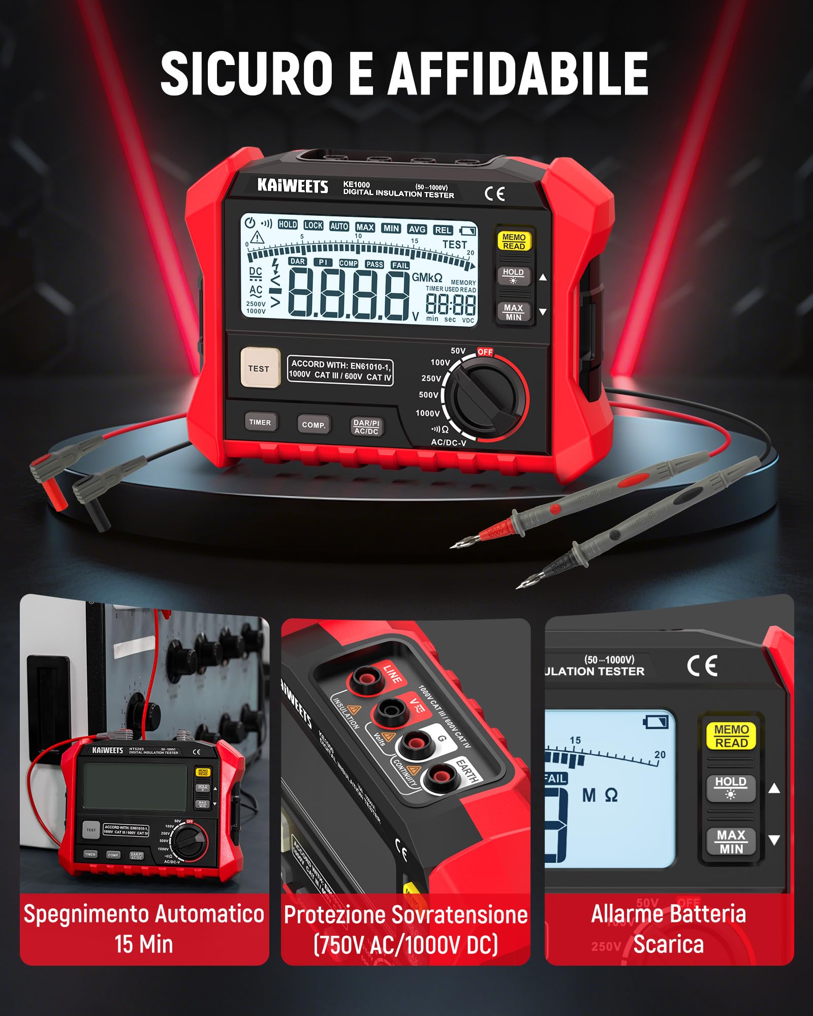 KAIWEETS Misuratore di isolamento, misuratore di resistenza di isolamento, fino a 100 GΩ, 50 V/100 V/250 V/500 V/1000 V, One Touch-DAR/PI, con prova di tensione AC/DC per motori, solare, HVAC