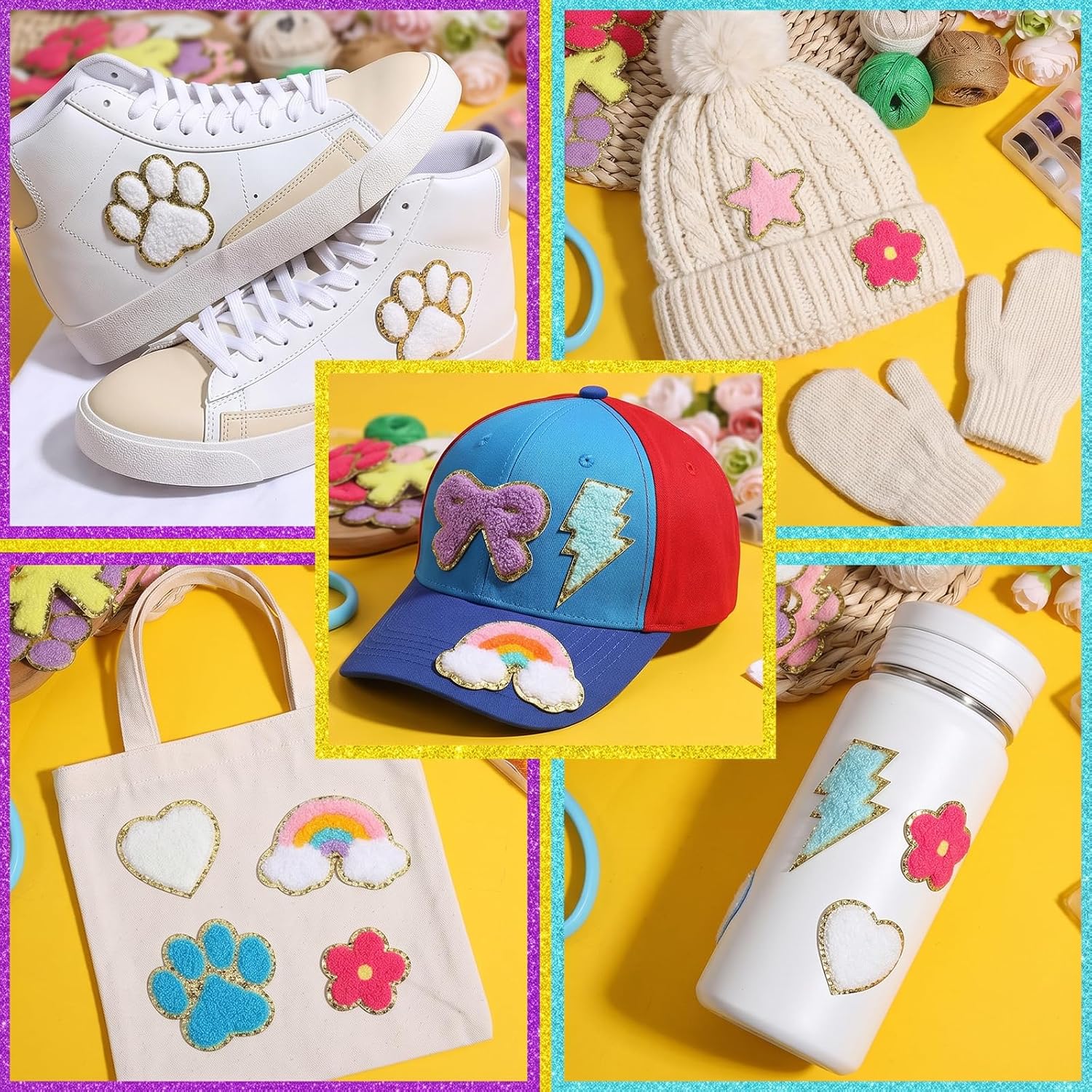 156 Pcs Self Adhesive Chenille Letter Patches Embroidered Repair Fuzzy Patches Multicolor Flower Star Heart Cute Patch Rainbow Sew on Sticker for Fabric Clothing Jacket DIY (Rainbow, Cute)