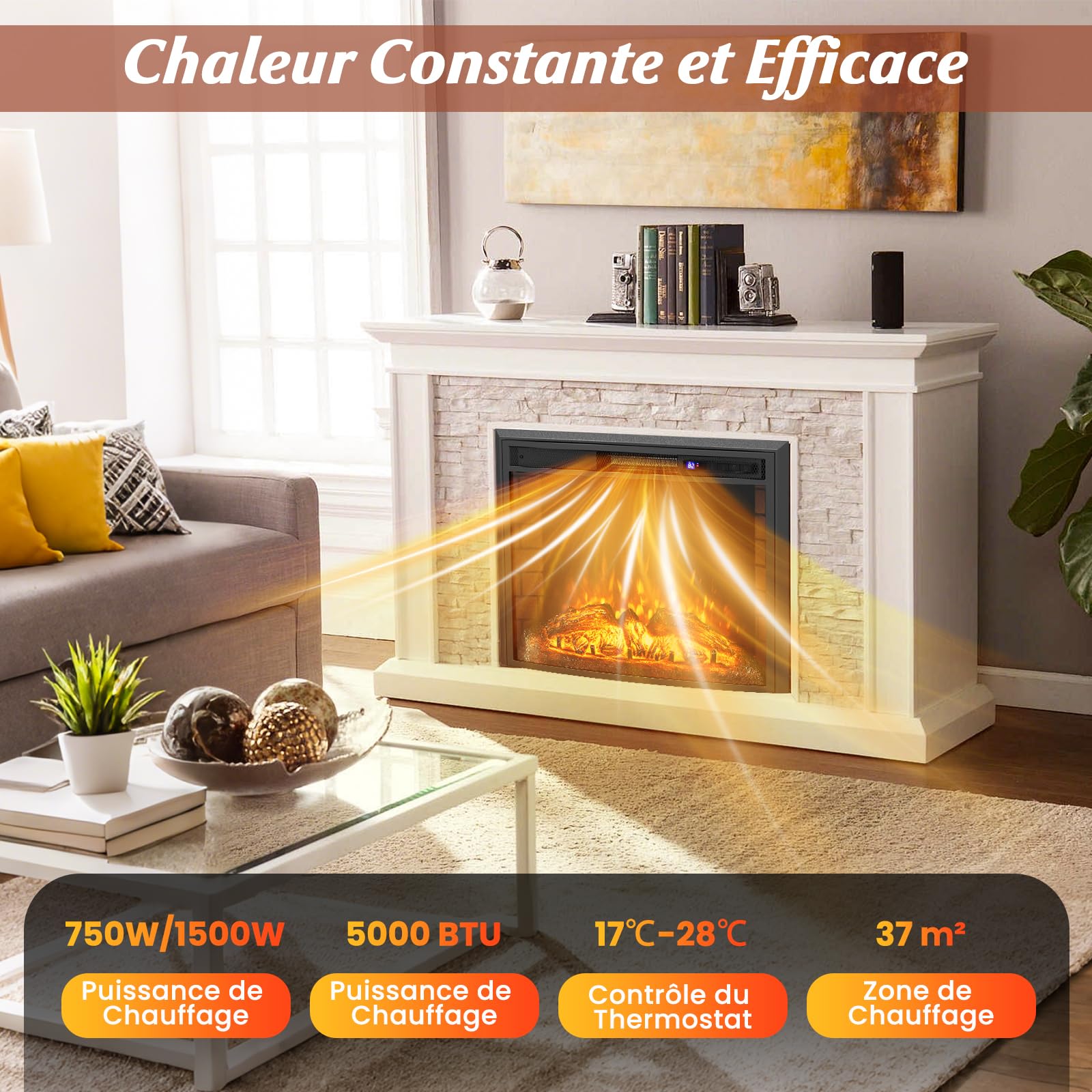 COSTWAY Cheminée Électrique Murale Encastrable Courbé, Cheminée Chauffage 17°C à 28°C 750W/1500W avec Télécommande, Protection Contre Surchauffe Minuterie 6H 3 Couleurs 6 Luminosité de Flammes