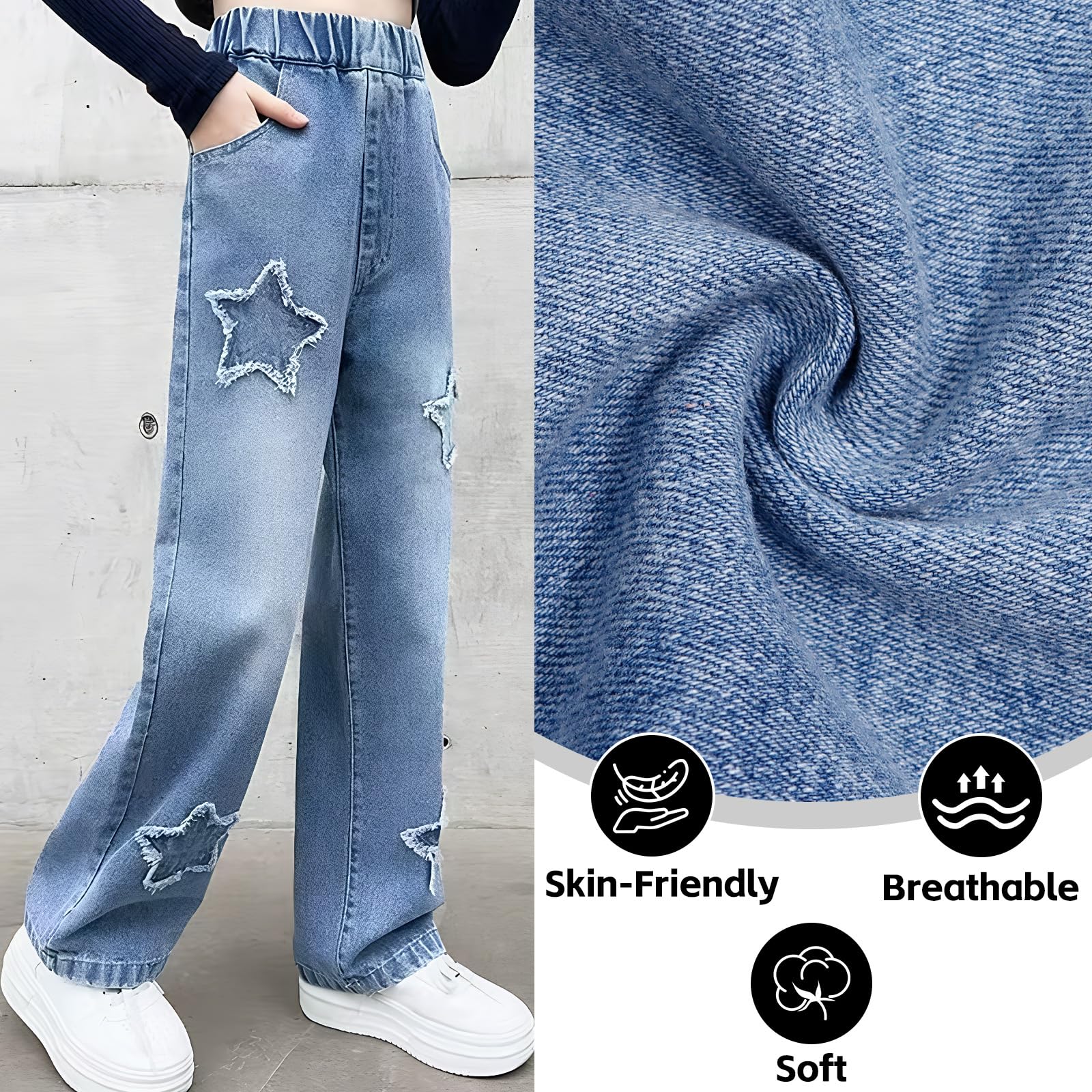 Vaqueros Baggy Jeans para Niñas Holgados Denim Pantalones con Cintura Elástica y Bolsillos Largos Stretch Azul Denim Jeans Moda Casual Pierna Ancha Streetwear Pants para Infantil 7-15 Años