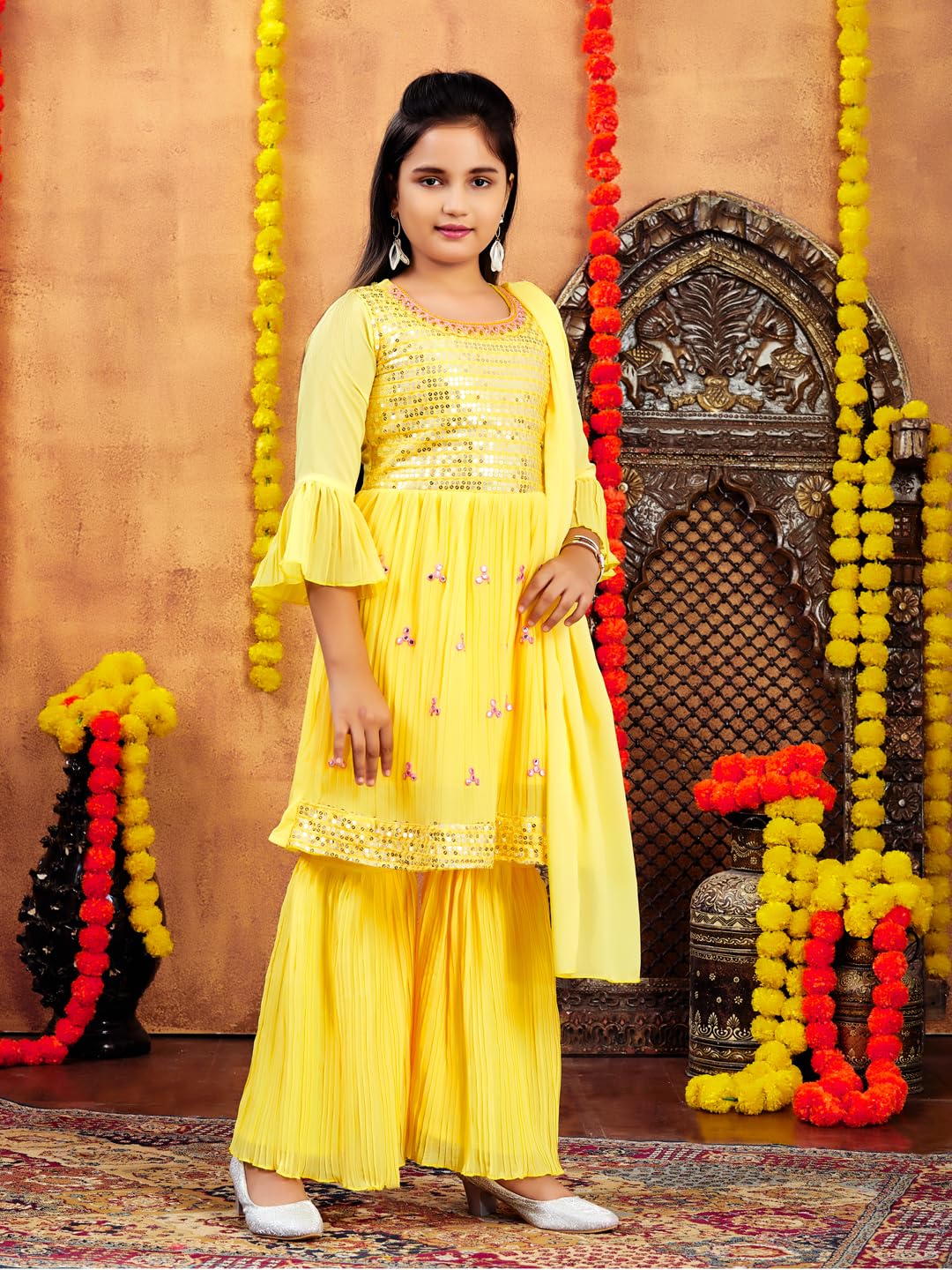 Aarika Girls Ethnic Wear Yellow Colour Sequins Embroidery Georgette Kurti Sharara Set (5-11 Years)