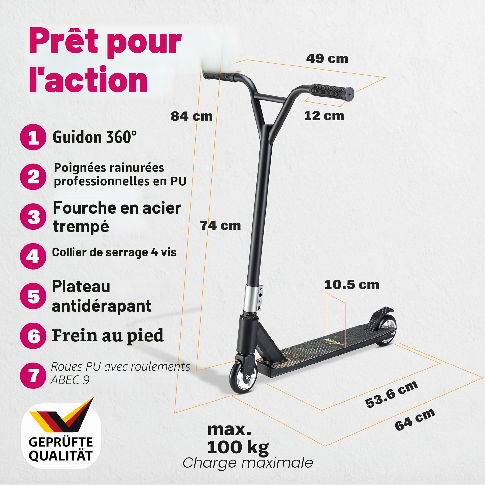 Trottinette 100mm Roues PU Guidon 360° ABEC 7 Trottinette StuntTrottinette Kickscooter Bande adhésive Enfants Adultes Châssis en Aluminium