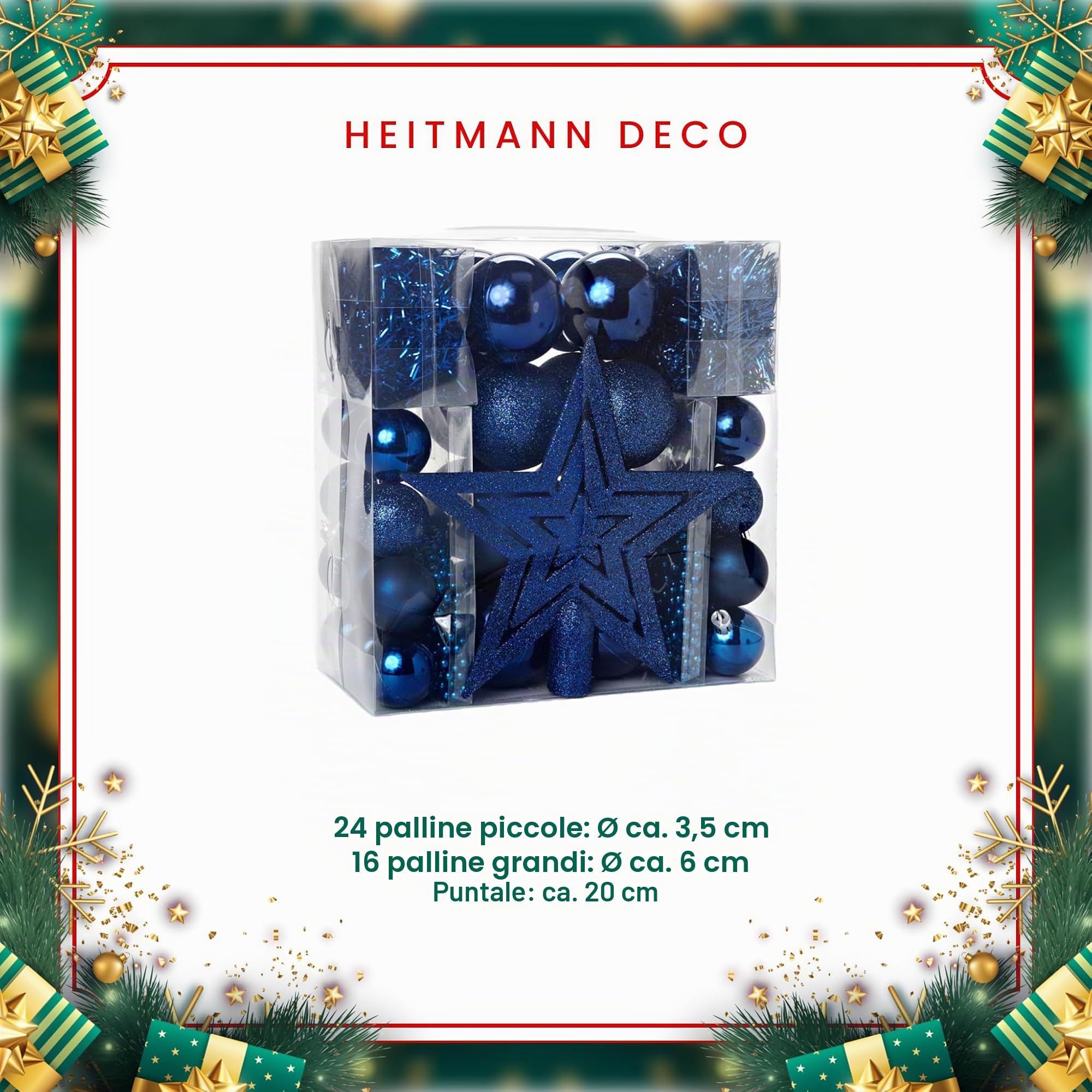 HEITMANN DECO - Addobbi per albero di Natale, colore blu, 45 pezzi, con puntale, palline, catene di perle e ghirlande, in plastica