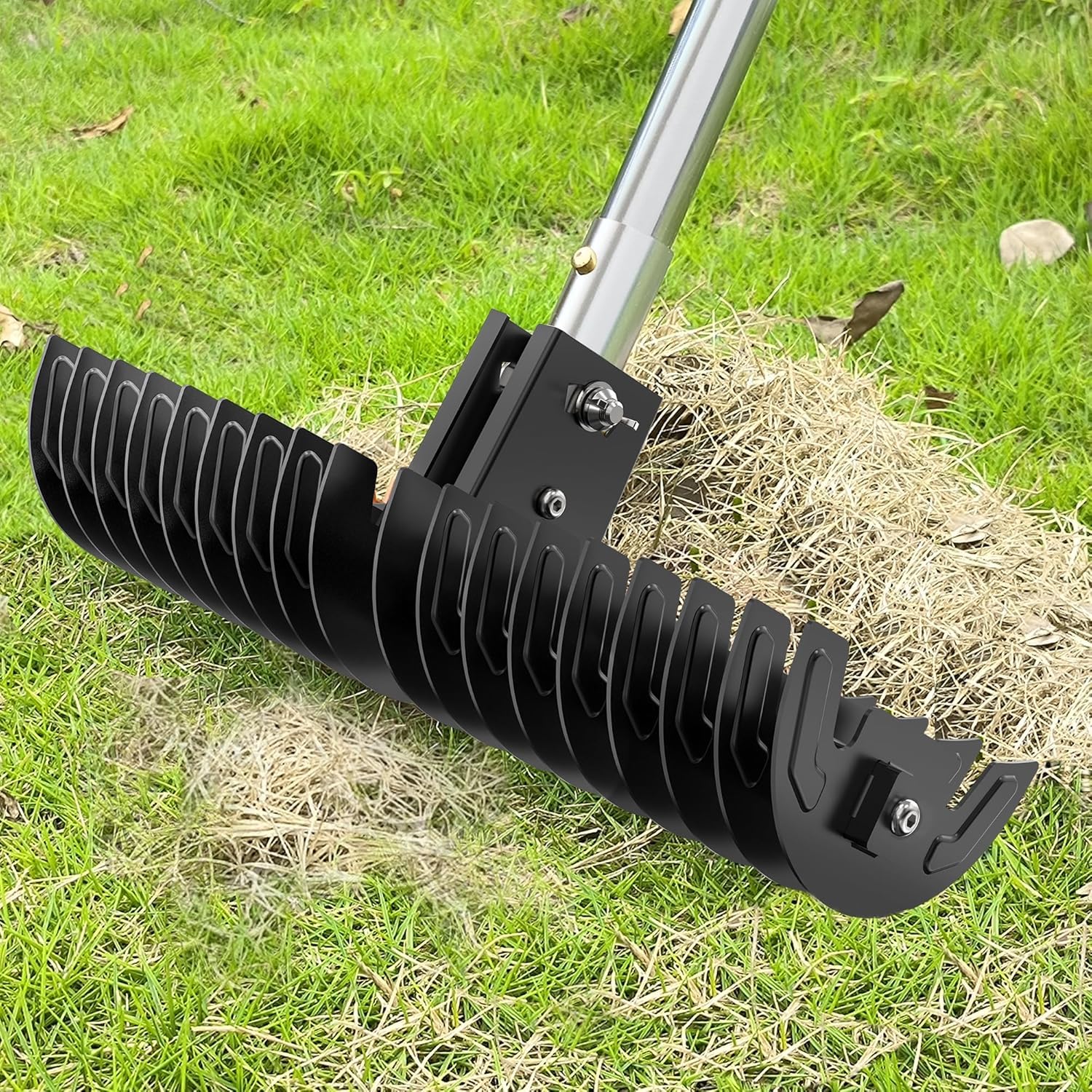 Photo 1 of Lawn Thatch Rake, 15-Inch Dethatching Rake, Adjustable 0-15° Dethatcher Rake Steel Metal Rake, 38-68 Inch Length, Heavy-Duty Thatching Rake for Dead Grass Removal and Lawn Care(Black)