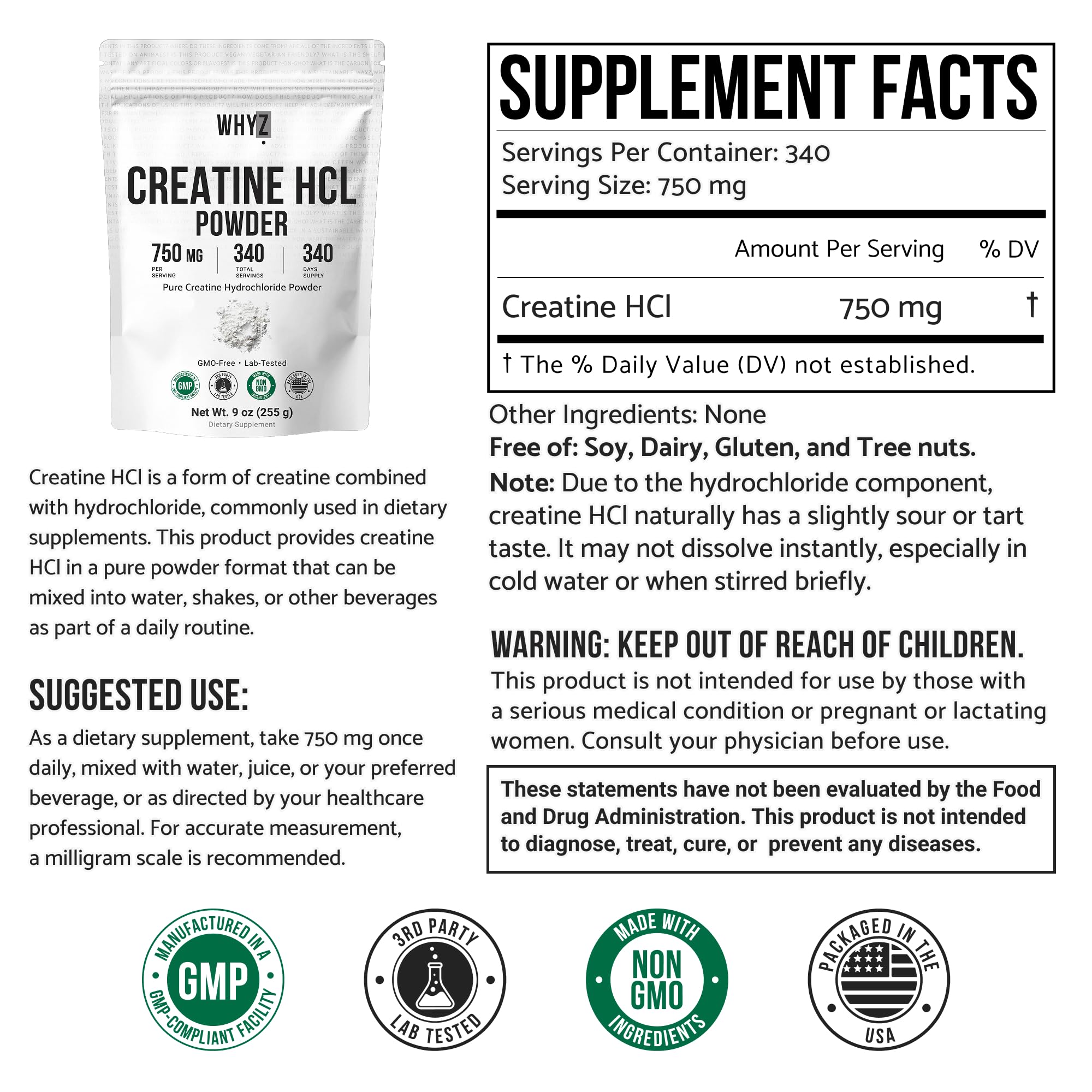 Pure Creatine HCL Powder Unflavored HCL Creatine Supplement for Men and Women Supports Muscle Strength Endurance Energy Cognitive Support & Cellular Hydration Easy to Mix Non-GMO, 9 oz (255 g) — Amazon image 2