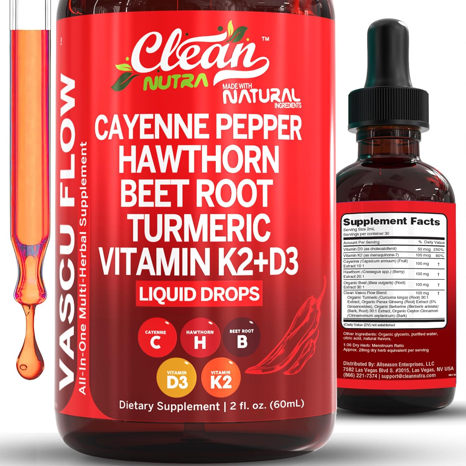 Clean Nutra Cayenne Pepper Drops Supplement Liquid + Hawthorn Berry, Vitamin D3 K2 Beet Root Powder, Ceylon Cinnamon, Turmeric Curcumin, Organic Panax Ginseng, Berberine Extract Organic VascuFlow Clean Nutra Cayenne Pepper Drops Supplement Liquid + Hawthorn Berry, Vitamin D3 K2 Beet Root Powder, Ceylon Cinnamon, Turmeric Curcumin, Organic Panax Ginseng, Berberine Extract Organic VascuFlow