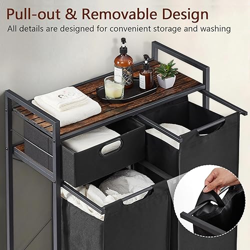 Miniatura 2 de Zevemomo Cesta de lavandería grande rústica marrón y negro con ruedas, 3 compartimentos, capacidad de 60 L, montaje en el suelo, lavadero y baño