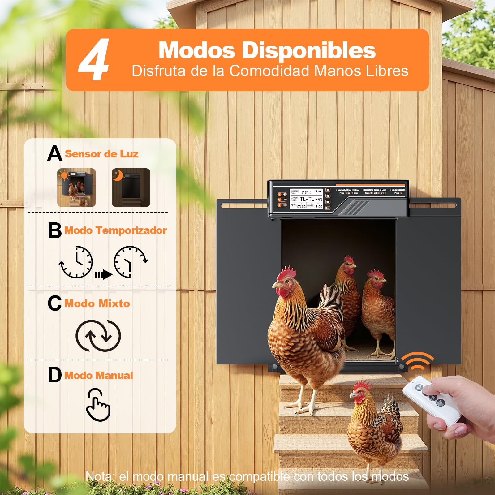 Puerta Automática Grande para Gallinero con Panel Solar de 7W, Puerta Gallinero de Aleación de Aluminio con 4 Modos, Temporizador y Sensor de Luz, Pantalla LCD de Gran Tamaño, con Mando a Distancia