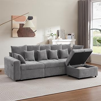 KEVINSPACE 96.45" Modern Sofa, 3 Seater Sofa Couch for Living Room Chenille Fabric Couch with Storage Ottoman USB Ports 11 Pillows Furniture Set Sectional Sofas Tufted Sofa for Bedroom Apartment Grey