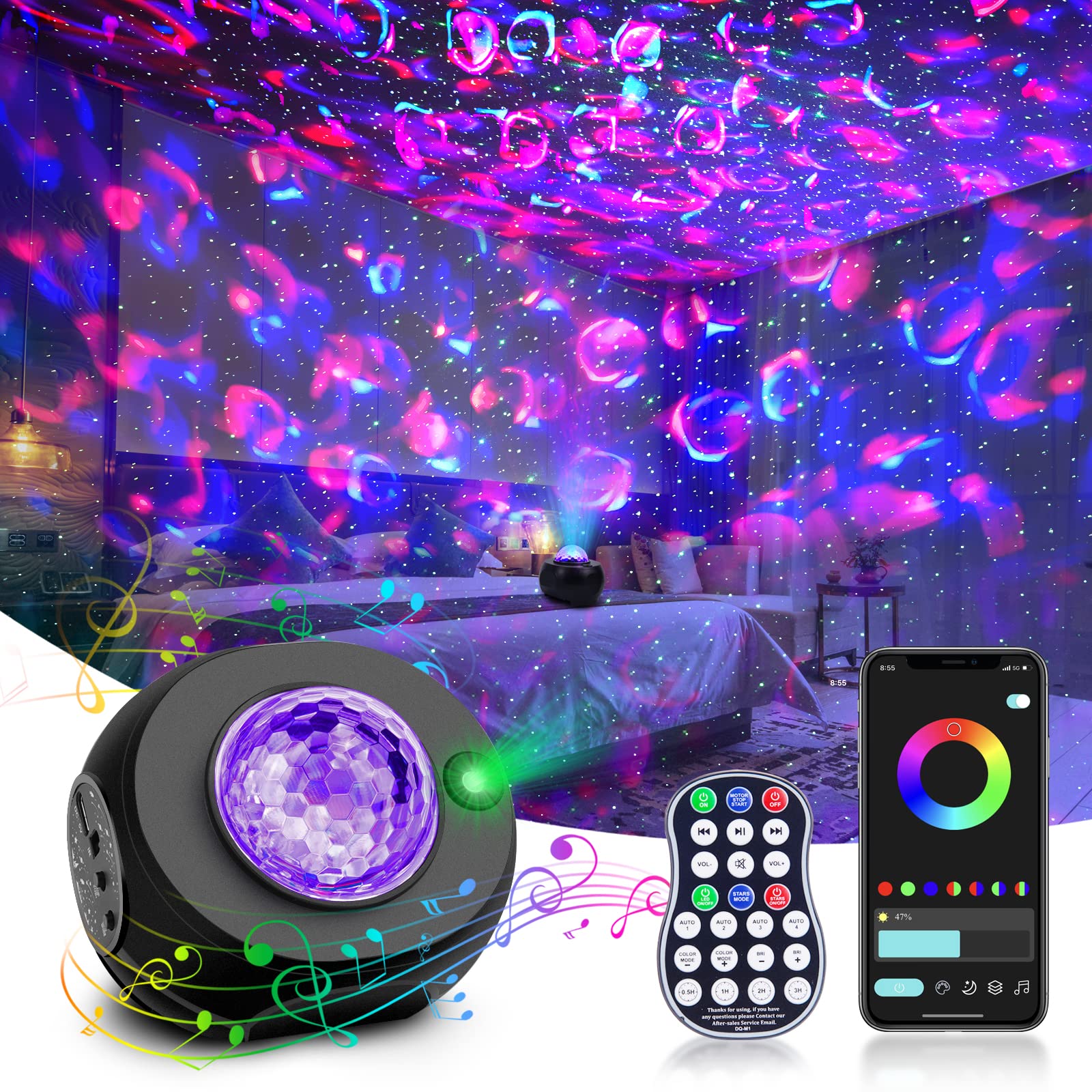 Galaxy Projector, Star Projector Night Light with Remote Control, Music Speaker and Timer Ocean Wave Light, LED Mini Disco Ball Light Dad Birthday Gift for Kids Adults Teen Bedroom Decoration