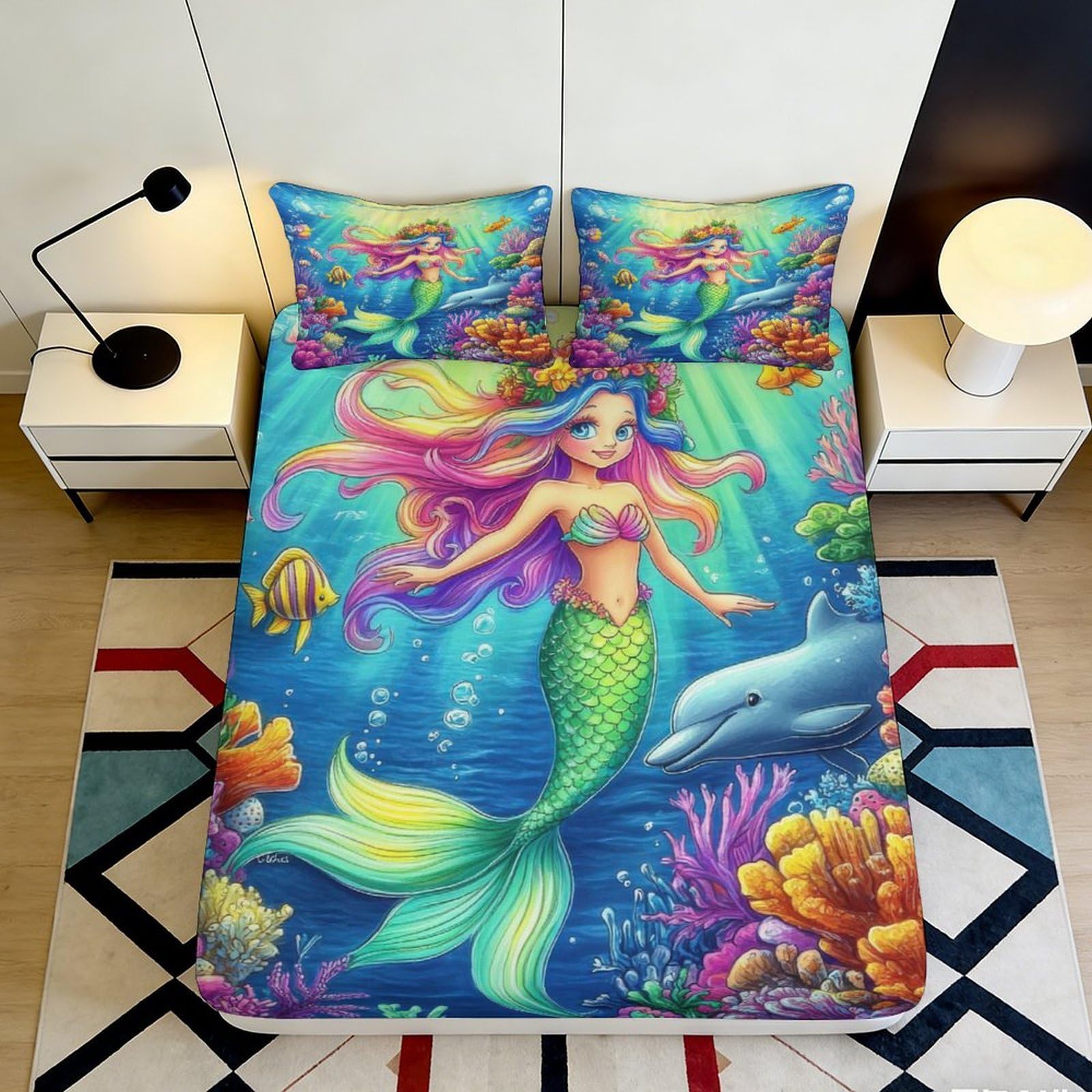 Dhbaneiok Style-8 3D Printed Mermaid Underwater Fitted Sheet Microfiber Soft Mattress Cover Ocean Dolphin Bed Decor For Bedroom Home 90X200x25cm