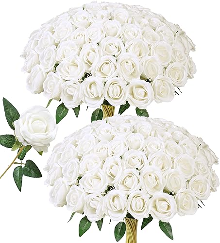 HyeFlora - 50 unidades de rosas artificiales blancas con tallo, rosas de seda realistas para ramos de boda, centros de mesa, arreglos, fiestas, baby