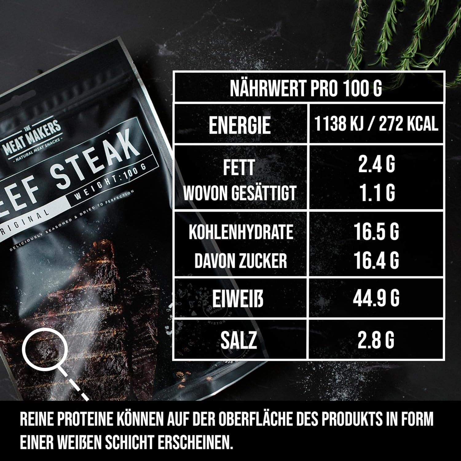 The Meat Makers Beef Jerky Original 200g, Rindersteak, Proteinreich | Luftgetrocknetes Rindersteak, klassischer Geschmack - proteinreicher Dörrfleisch-Snack für unterwegs, Sport & Büro
