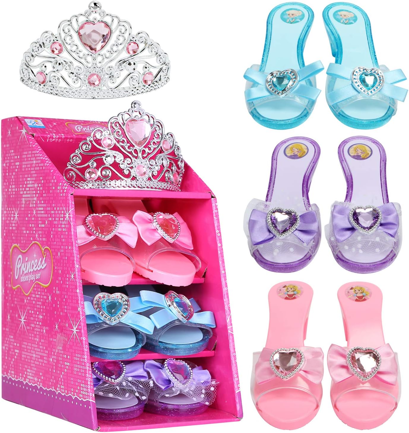 Mastom Girls Play Set! Princess Dress Up Shoes and Tiara (3 Pairs of Shoes + 1 Tiara) Role Play Collection Fashion Princess Shoe for Little Girls