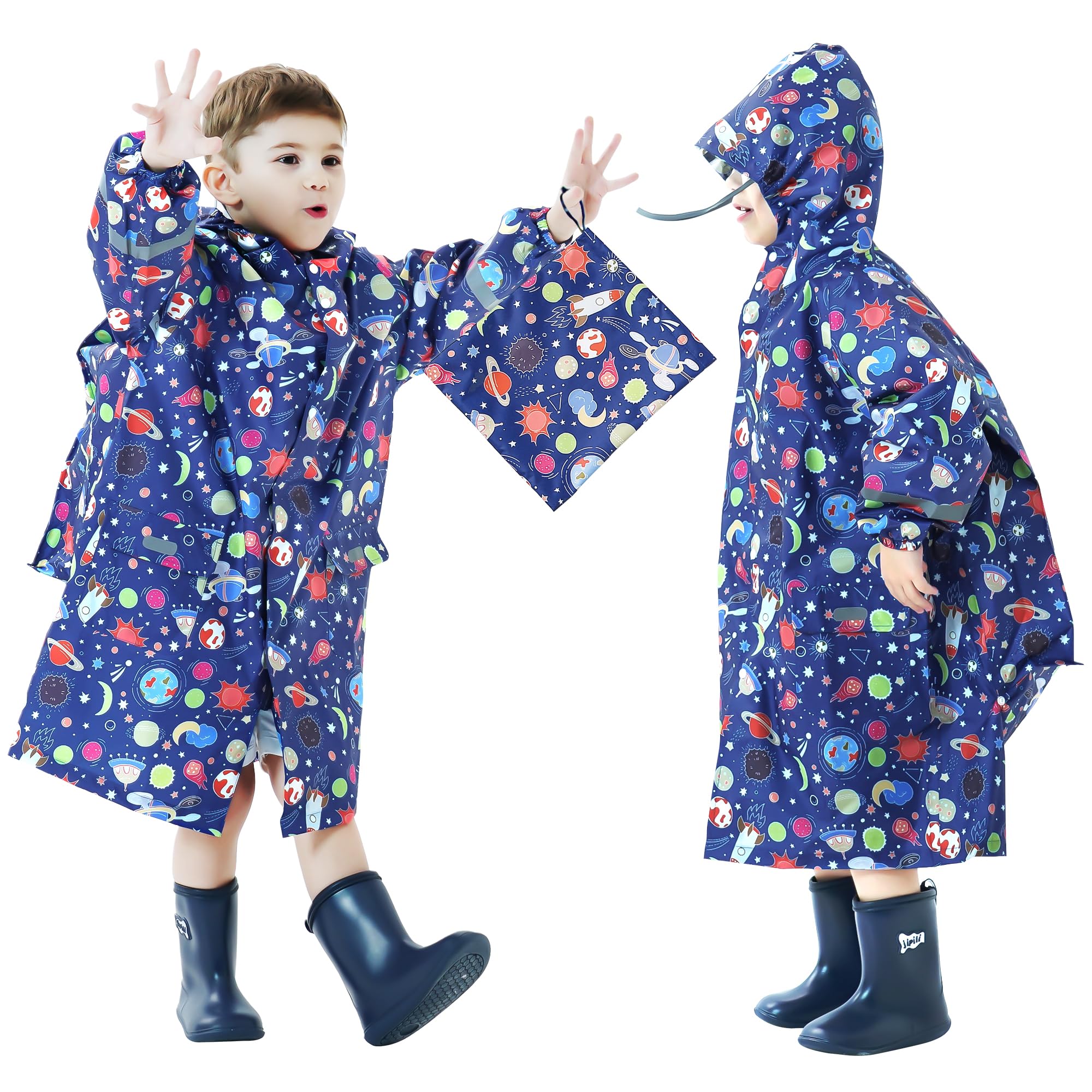 Chubasquero para Niñas Poncho Impermeable Ligero Lindos Poncho de Lluvia con Capucha y Rayas Reflectantes Plegable Chaqueta Impermeable Unisex Infantil 3-12 años