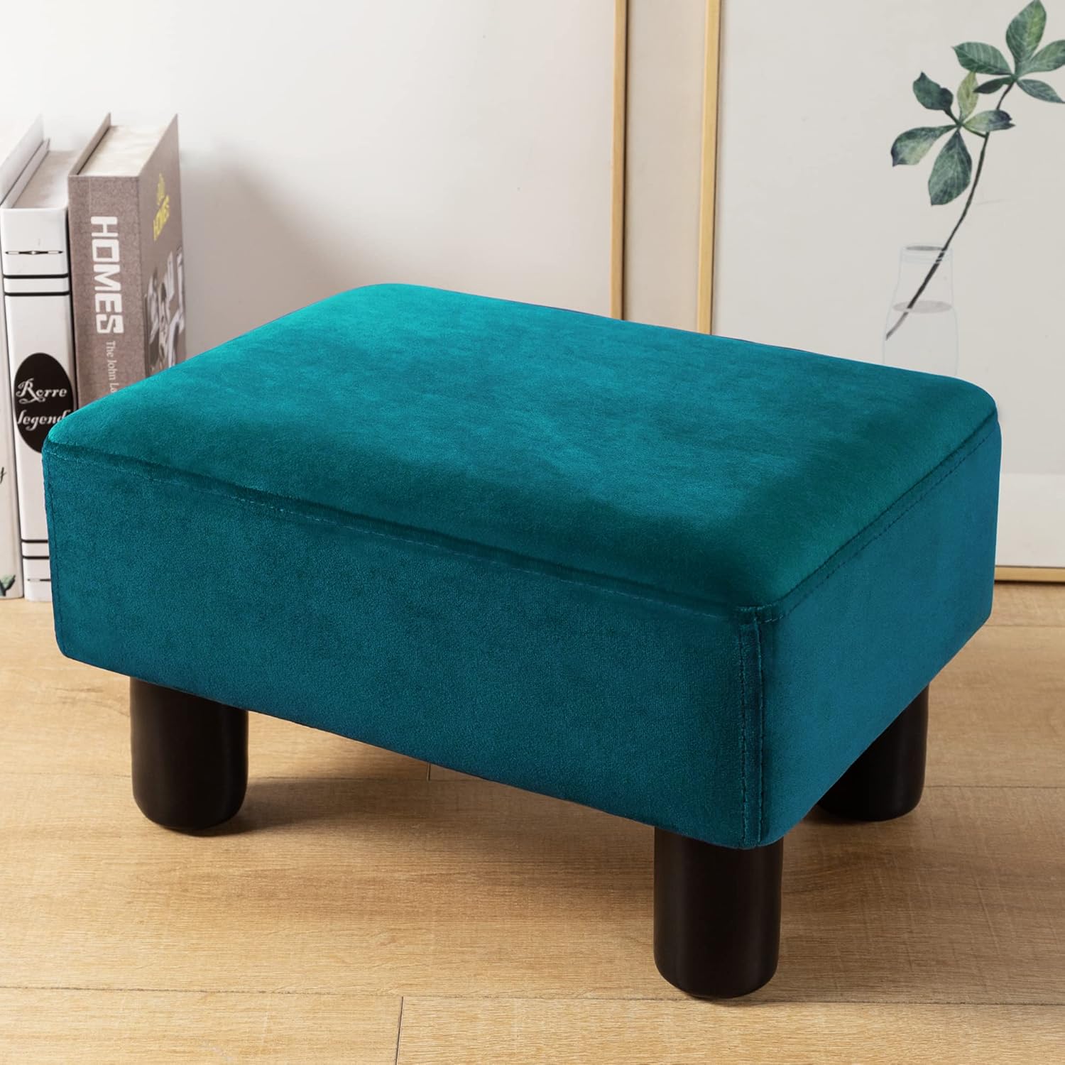 LUE BONA Small Rectangle Foot Stool, Velvet Fabric Footrest Ottoman with Non-Skid Plastic Legs, Modern Rectangle Footrest Small Step Stool Ottoman for Couch, Desk, Office, Living Room, Teal