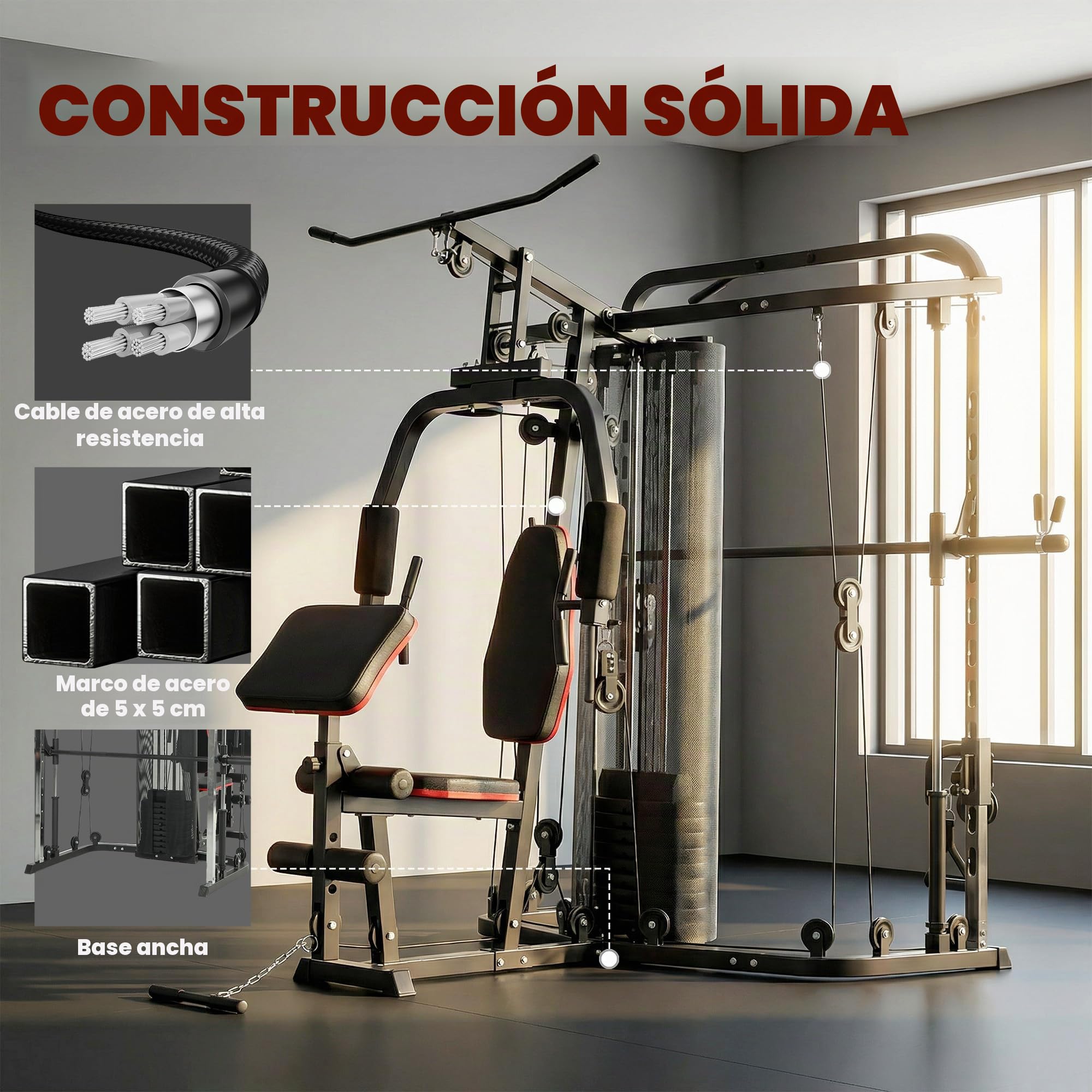 SPORTNOW Estación de Fuerza Estación de Fitness con 65 kg de Peso, Lat Pulldown, Barra Butterfly, Banco Preacher Ajustable, Entrenador de Piernas, Máquina Multifuncional Smith Multiestación hasta 120