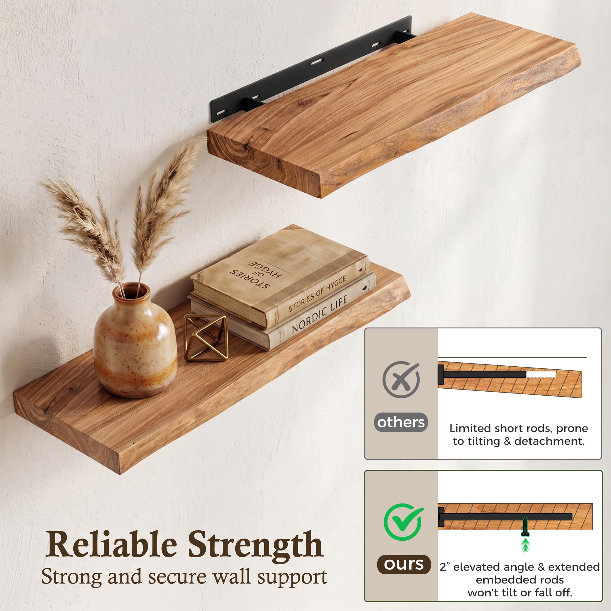 ELM - Estantes flotantes de madera, estante de pared de madera maciza con soporte invisible para sala de estar, dormitorio, baño, oficina, estantería rústica con grano natural, juego de 2 unidades, 40