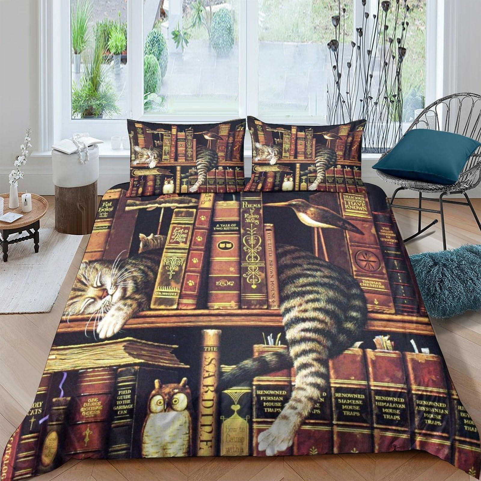 Ctjqhvkz Style-9 3D Printed Bookshelf Cat Fitted Sheet Microfiber Soft Decor Owl Library Bed Cover For Bedroom Guest Room Single（135X200cm）