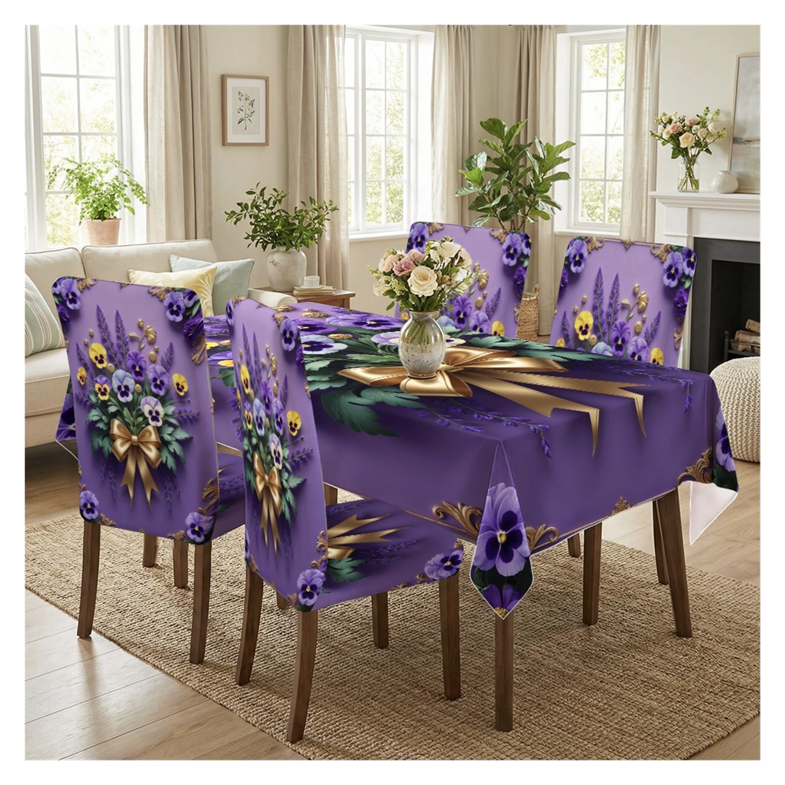 KXUAUV Baroque Purple Pansy Lavender Gold Bow Tablecloth And Chair Covers Set, Stretch Slipcovers For Spring Bridal Shower Dining Room Decor, 5/7 Pack Party Decor(5pcs Set: Tablecloth+Chair Covers)