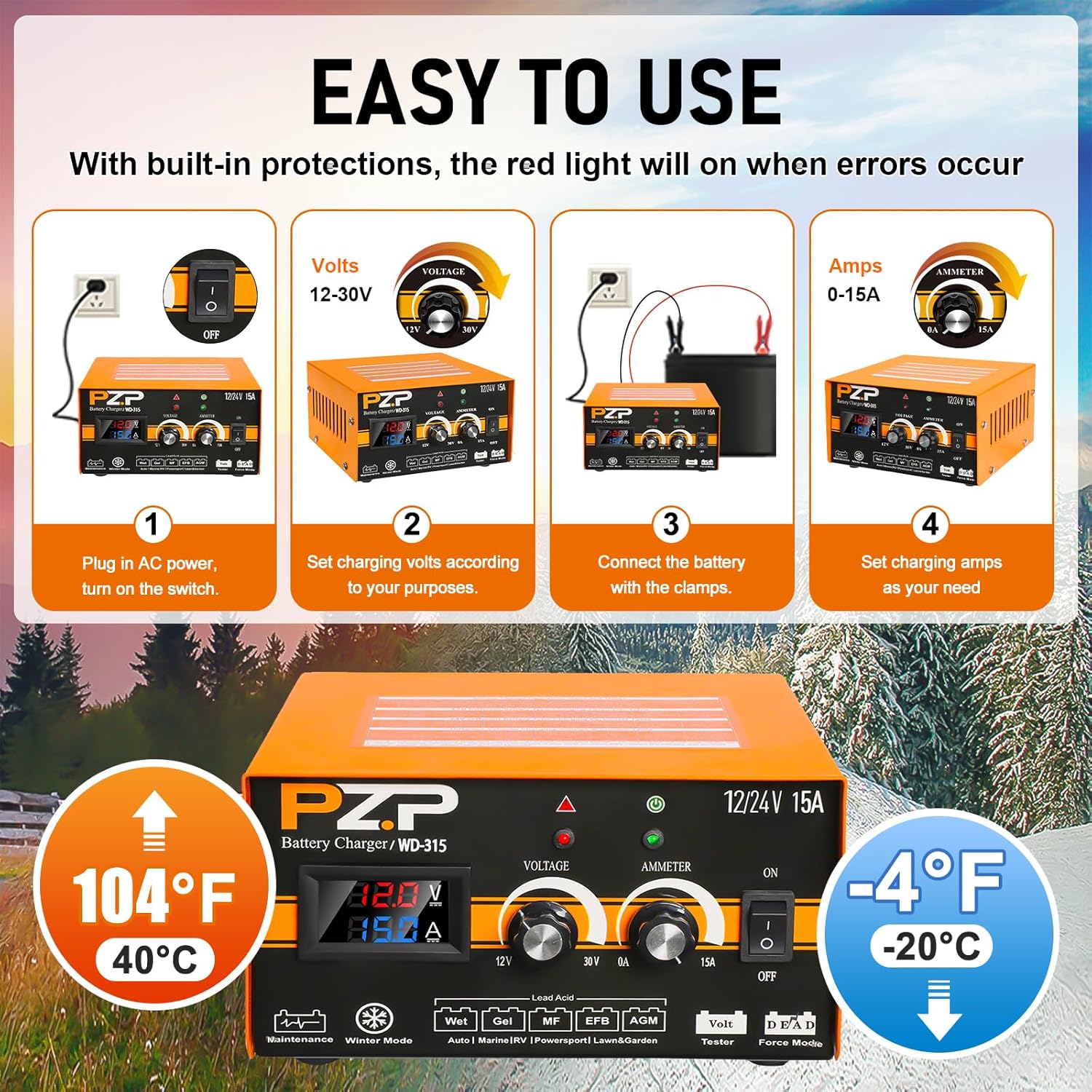 12V 24V Manual Battery Charger Maintainer, 0 to 15A Arbitrarily Adjustable Car Battery Trickle Charger, Battery Desulfator with Repair, Winter Mode, Suitable for AGM Gel Deep Cycle Truck RV ATV - Image 6