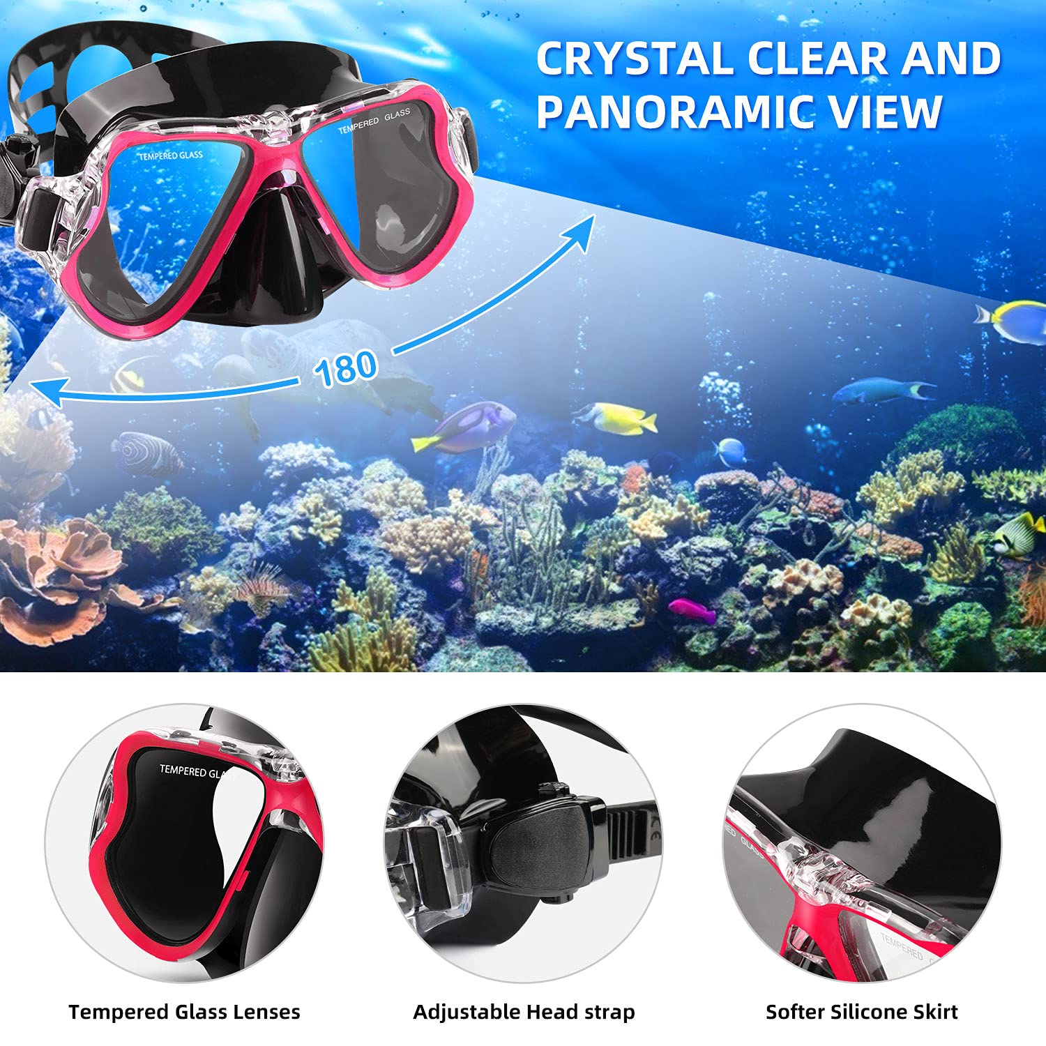 Zenoplige Mask Fins Snorkel Set Adults Men Women, Swim Goggles 180 Panoramic View Anti-Fog Anti-Leak Dry Top Snorkel and Dive Flippers Kit with Gear Bag for Snorkeling Swimming Scuba Diving Training
