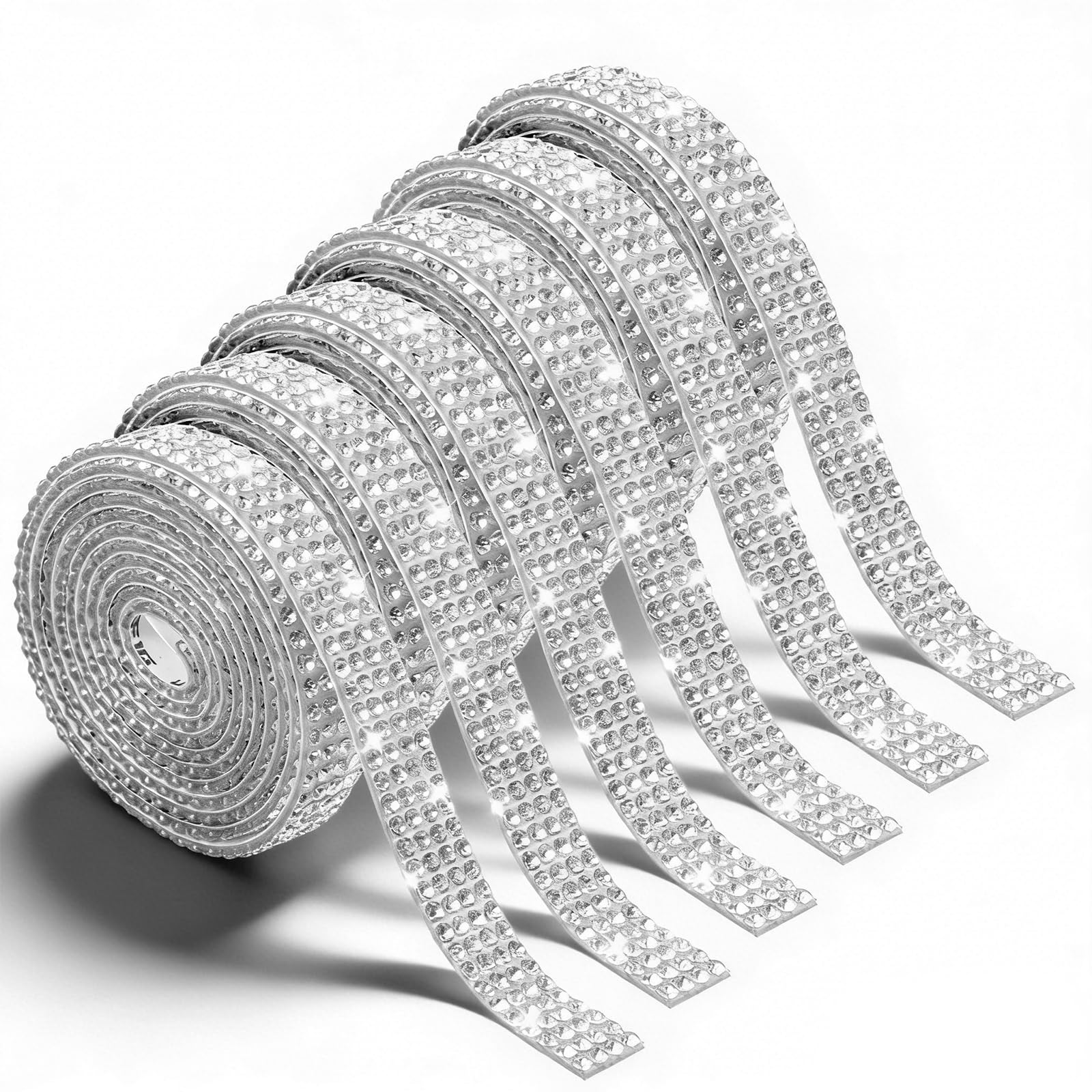 Classicseali 6 Rolls Rhinestone Ribbon, Self-Adhesive Rhinestone Ribbon Self Adhesive, 4 Rows of 1 Yard Rhinestones Tape, for Arts Crafts Wedding Birthdays Decoration, Silver