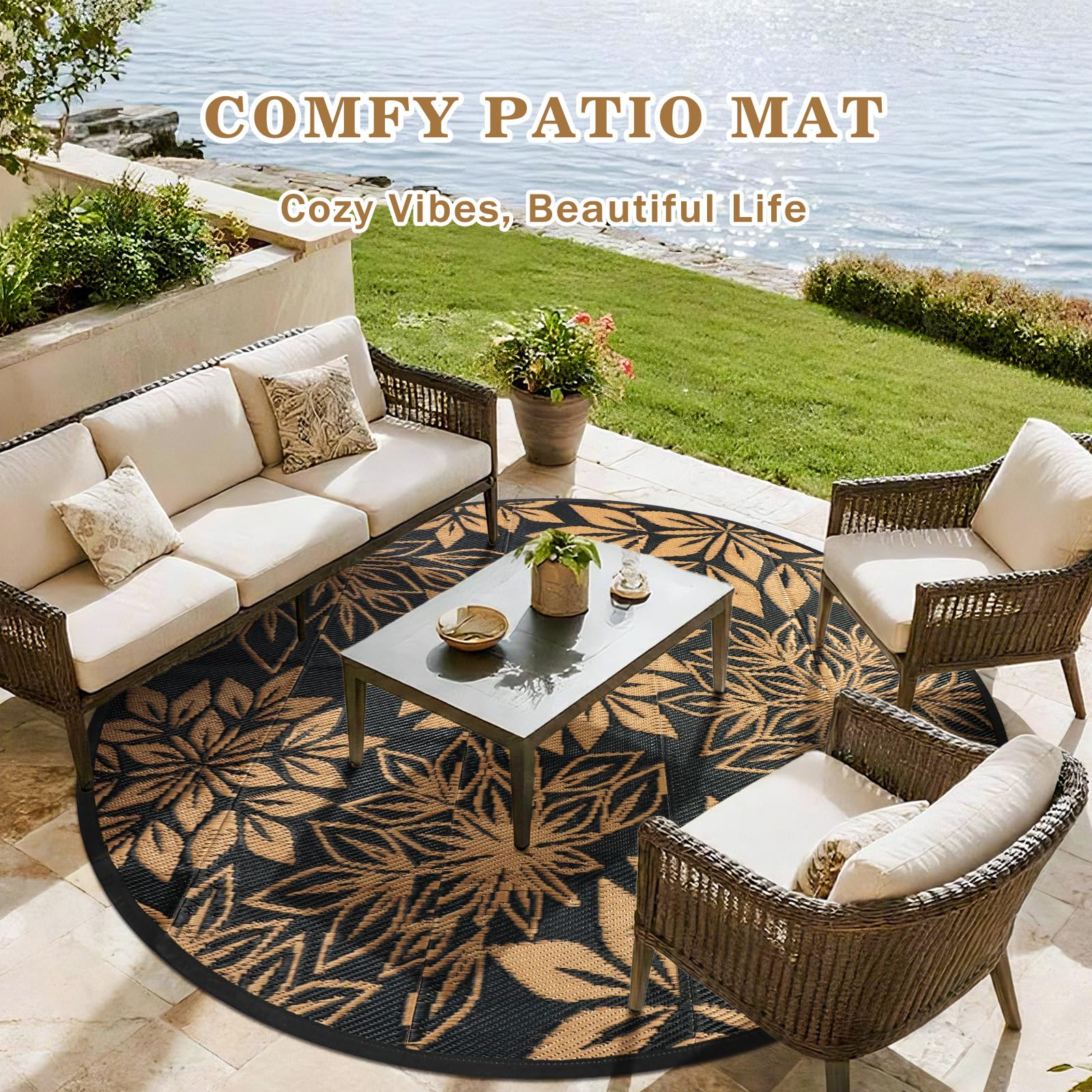 Tapis d'extérieur rond pour patio 180 cm, Feuilles noires, Tapis de jardin extérieur réversible imperméable, résistant aux UV, Tapis de sol rond pour patio extérieur pour balcon, terrasse
